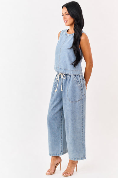Medium Wash Back Button Down Denim Tank Top