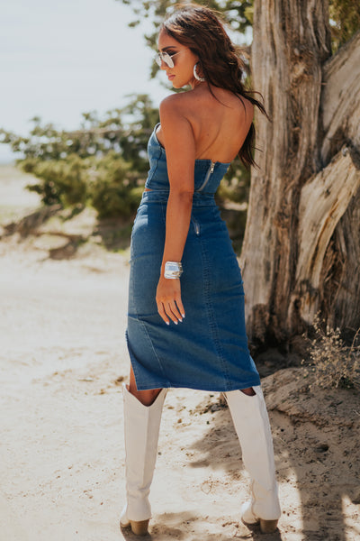 Medium Wash Bandeau and Midi Skirt Denim Set