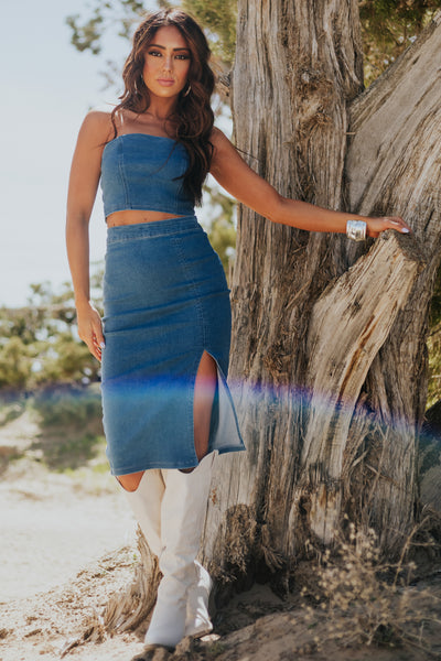 Medium Wash Bandeau and Midi Skirt Denim Set