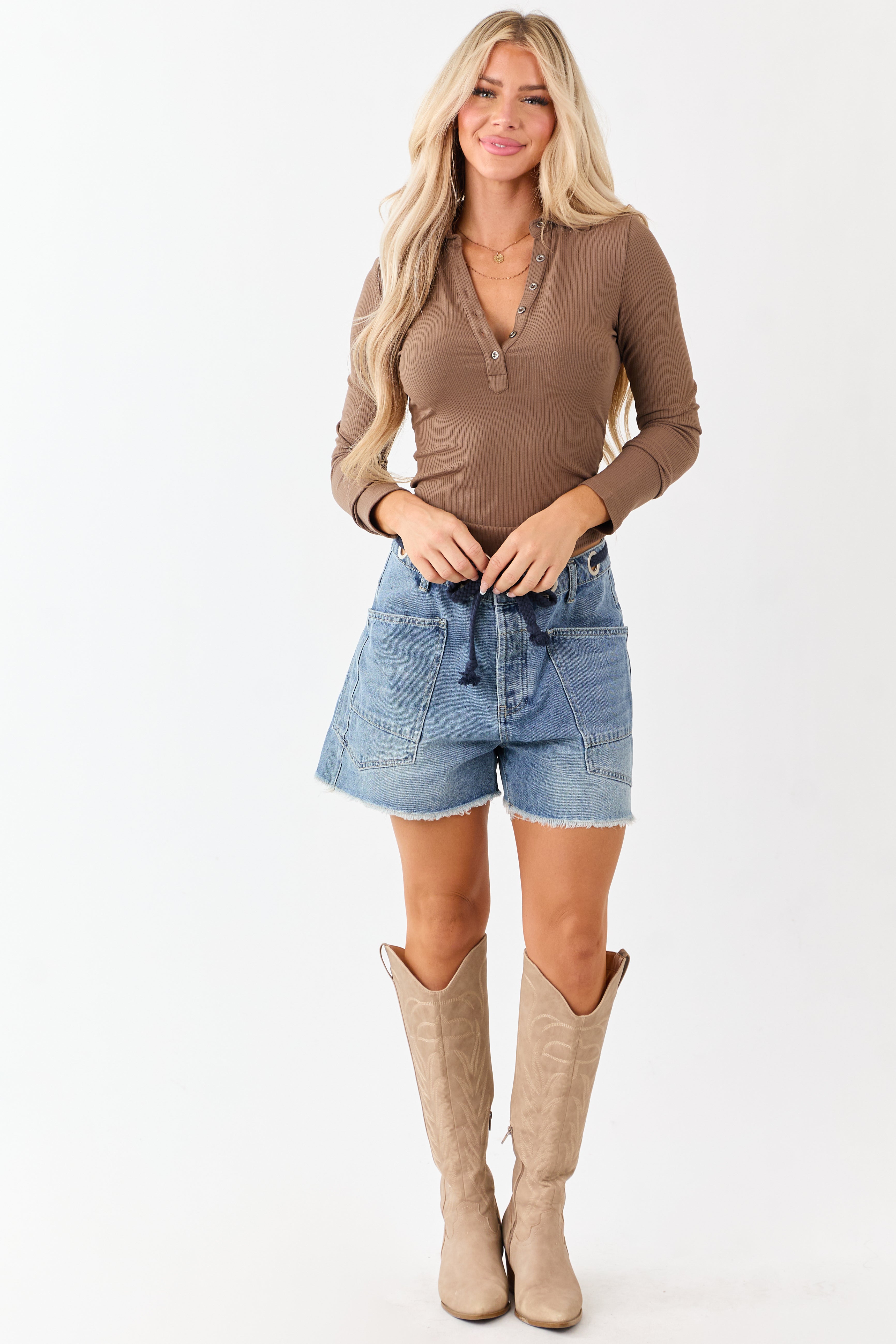 Medium Wash Braided Drawstring Denim Shorts