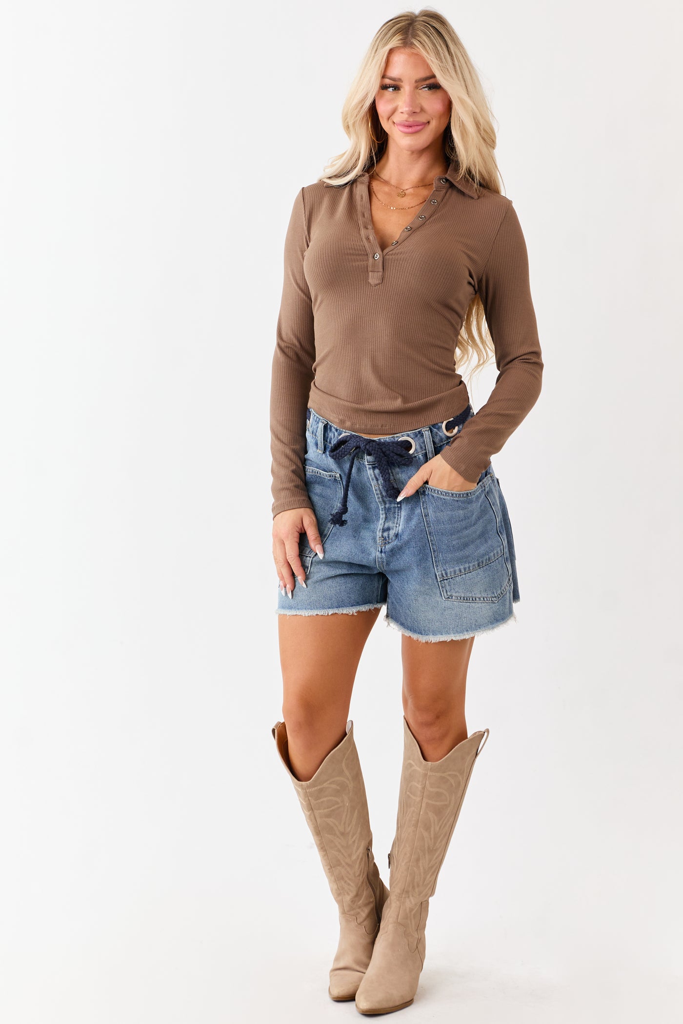 Medium Wash Braided Drawstring Denim Shorts