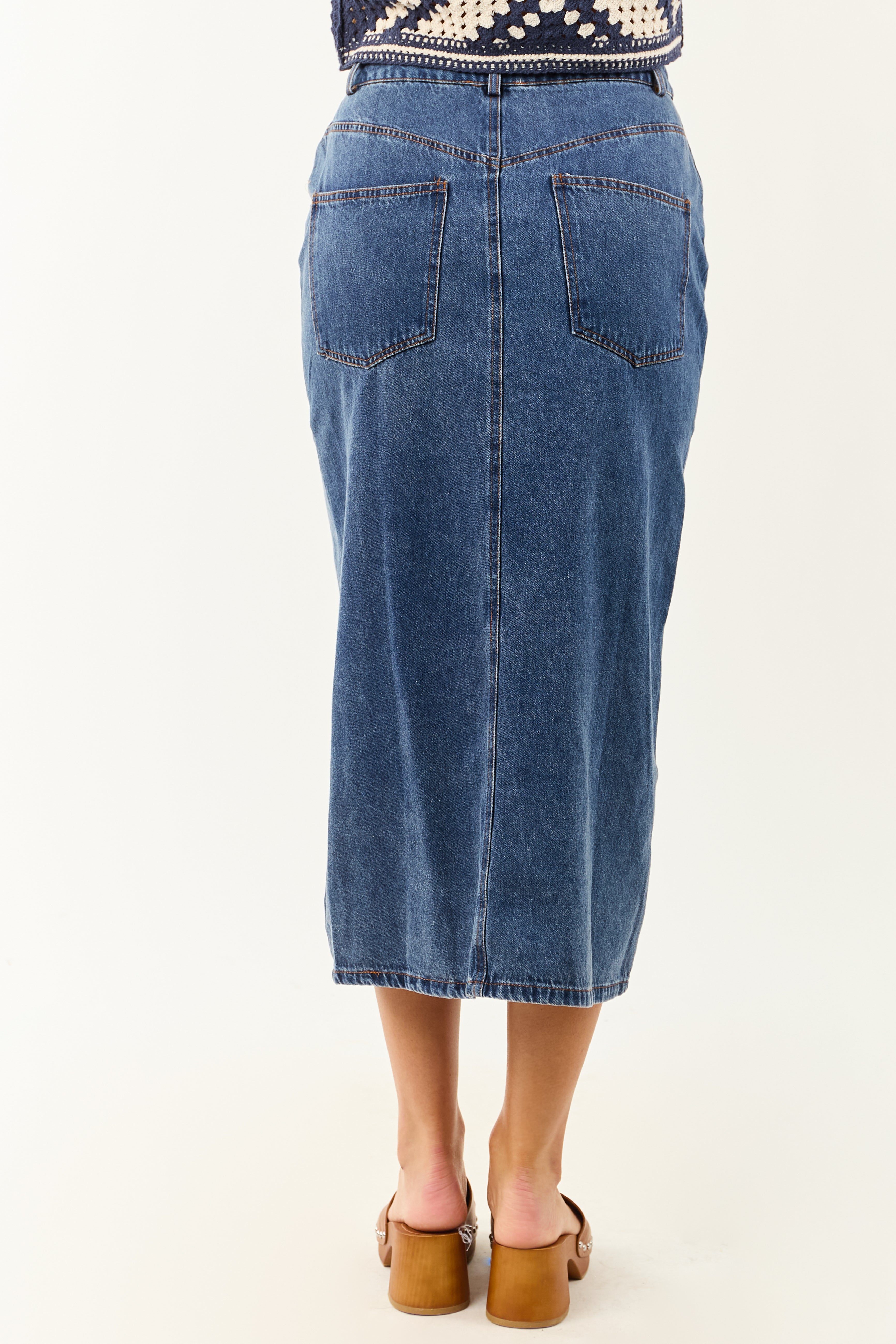 Medium Wash Button Down Denim Midi Skirt