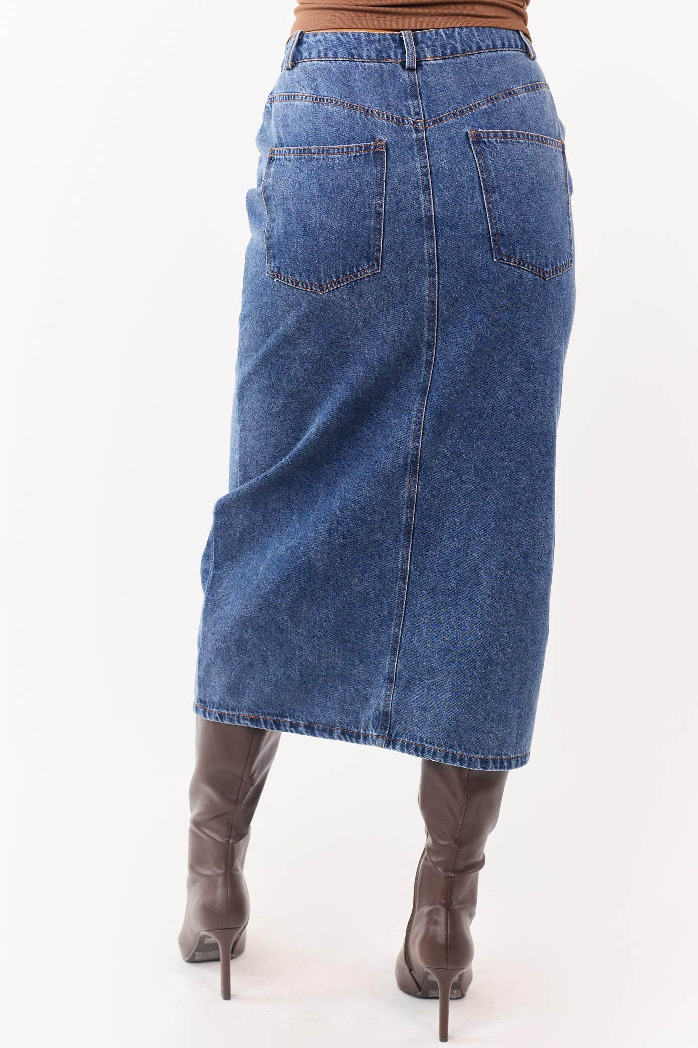 Medium Wash Button Down Denim Midi Skirt
