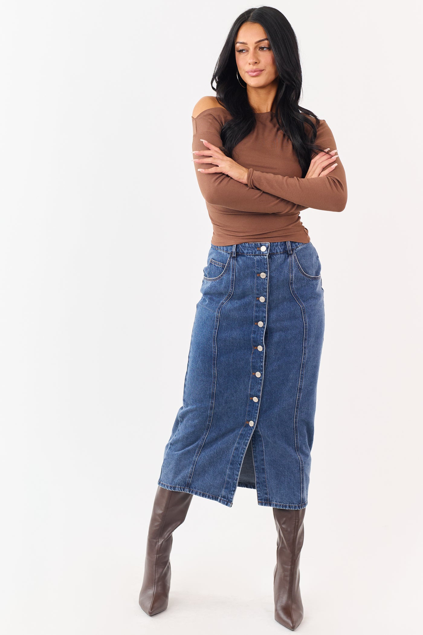 Medium Wash Button Down Denim Midi Skirt