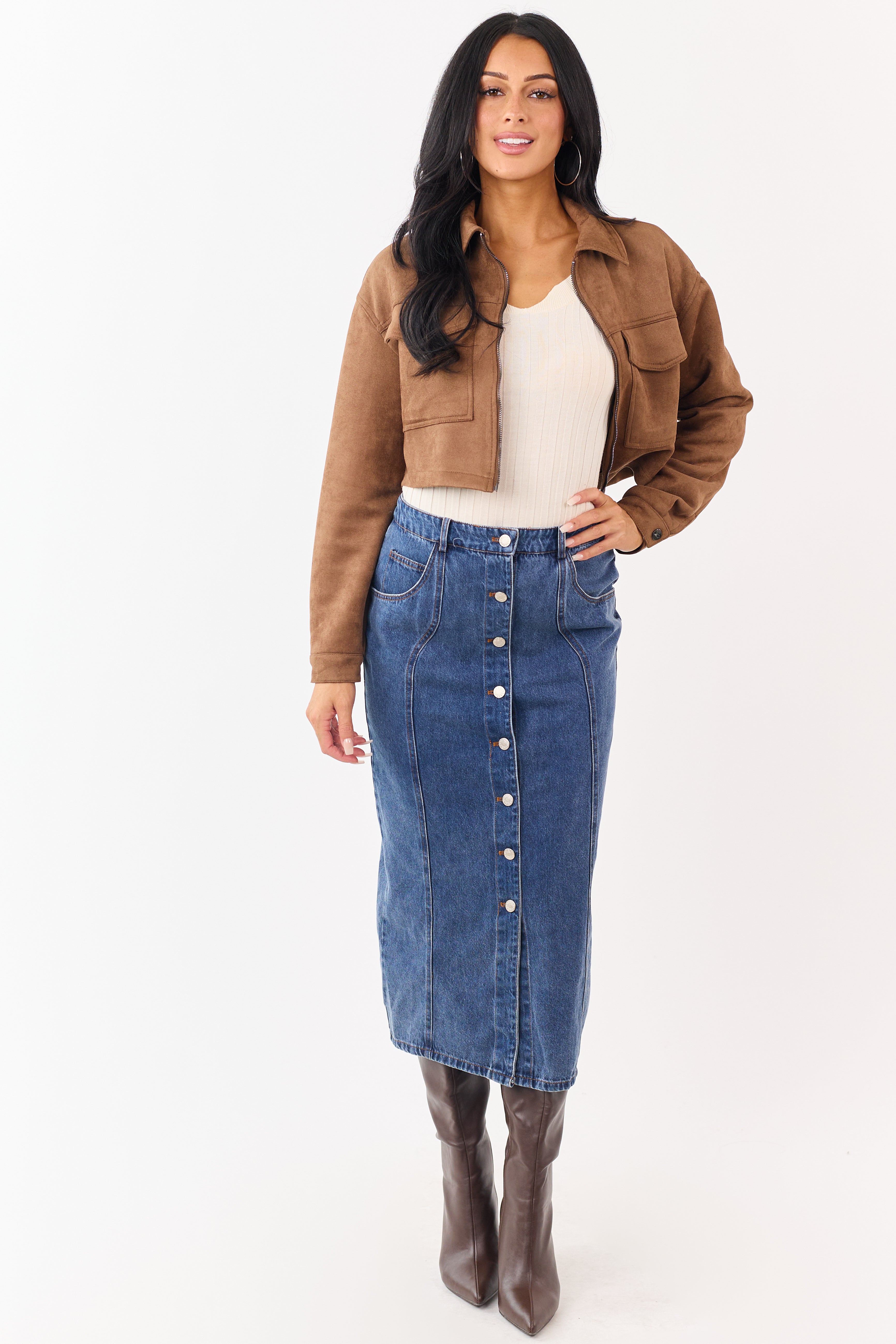 Medium Wash Button Down Denim Midi Skirt | Lime Lush Boutique