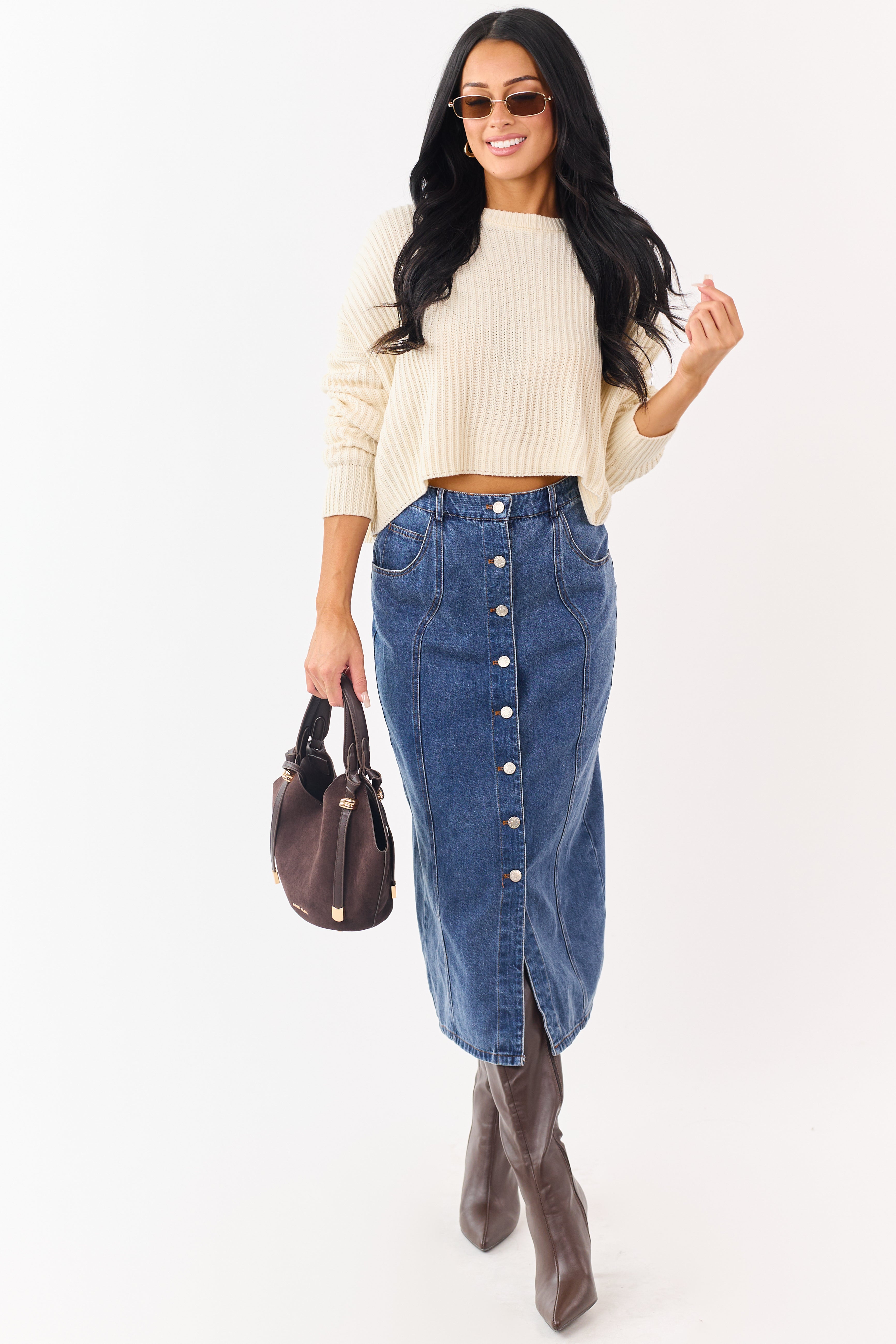 Medium Wash Button Down Denim Midi Skirt | Lime Lush Boutique