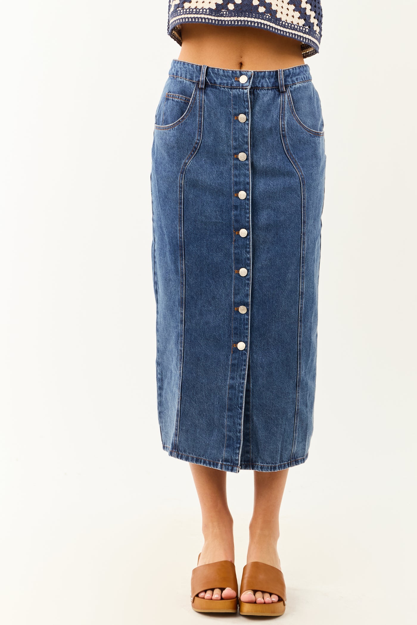 Medium Wash Button Down Denim Midi Skirt