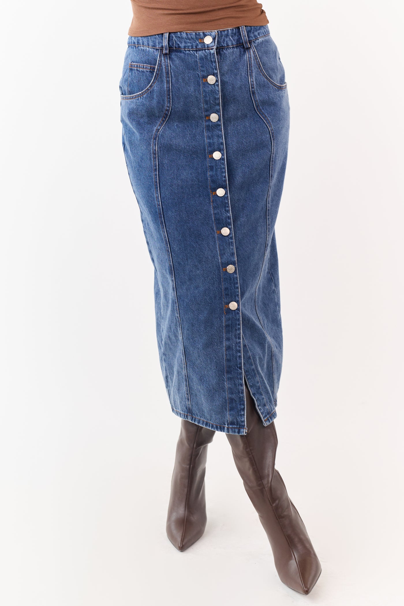 Medium Wash Button Down Denim Midi Skirt