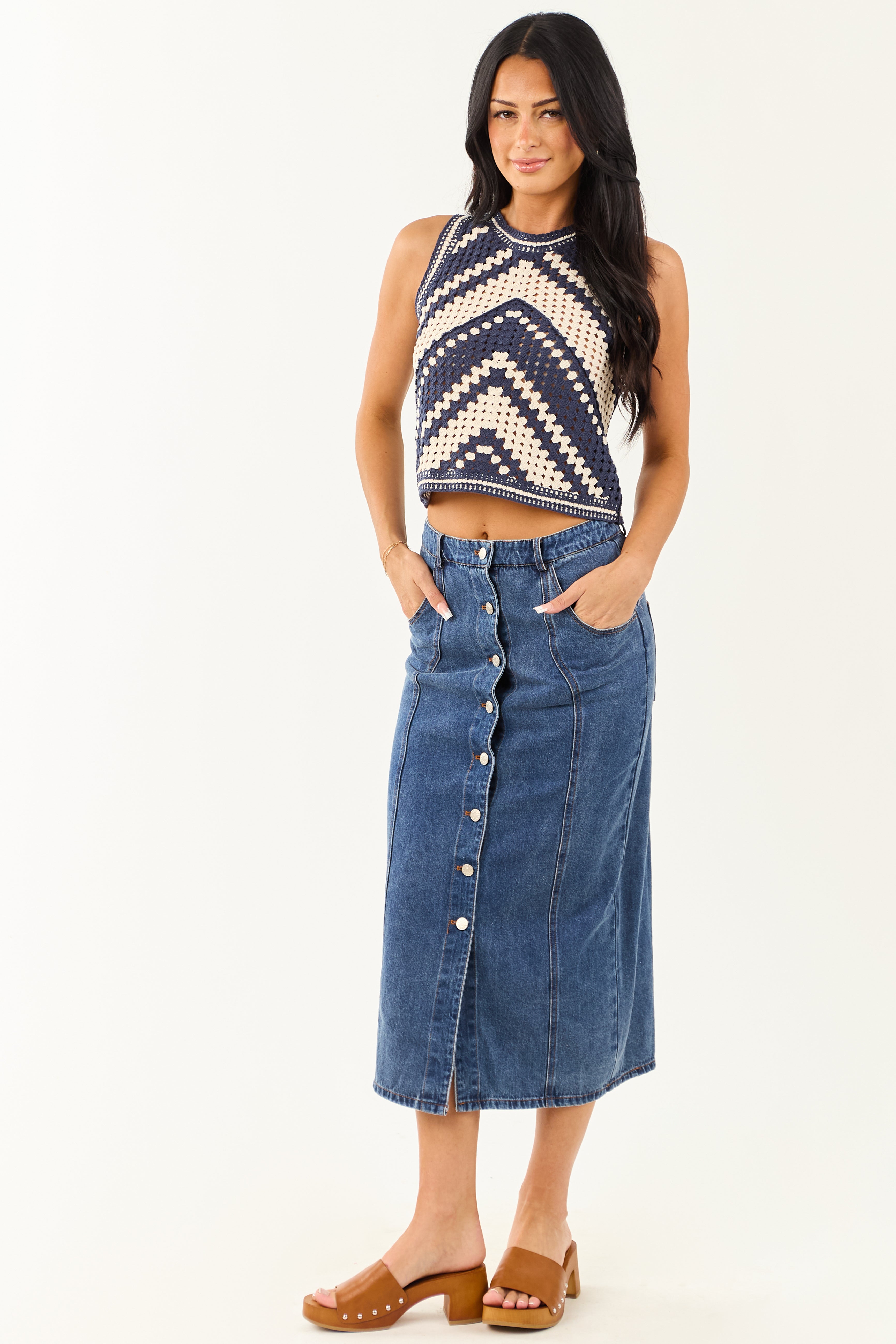 Medium Wash Button Down Denim Midi Skirt