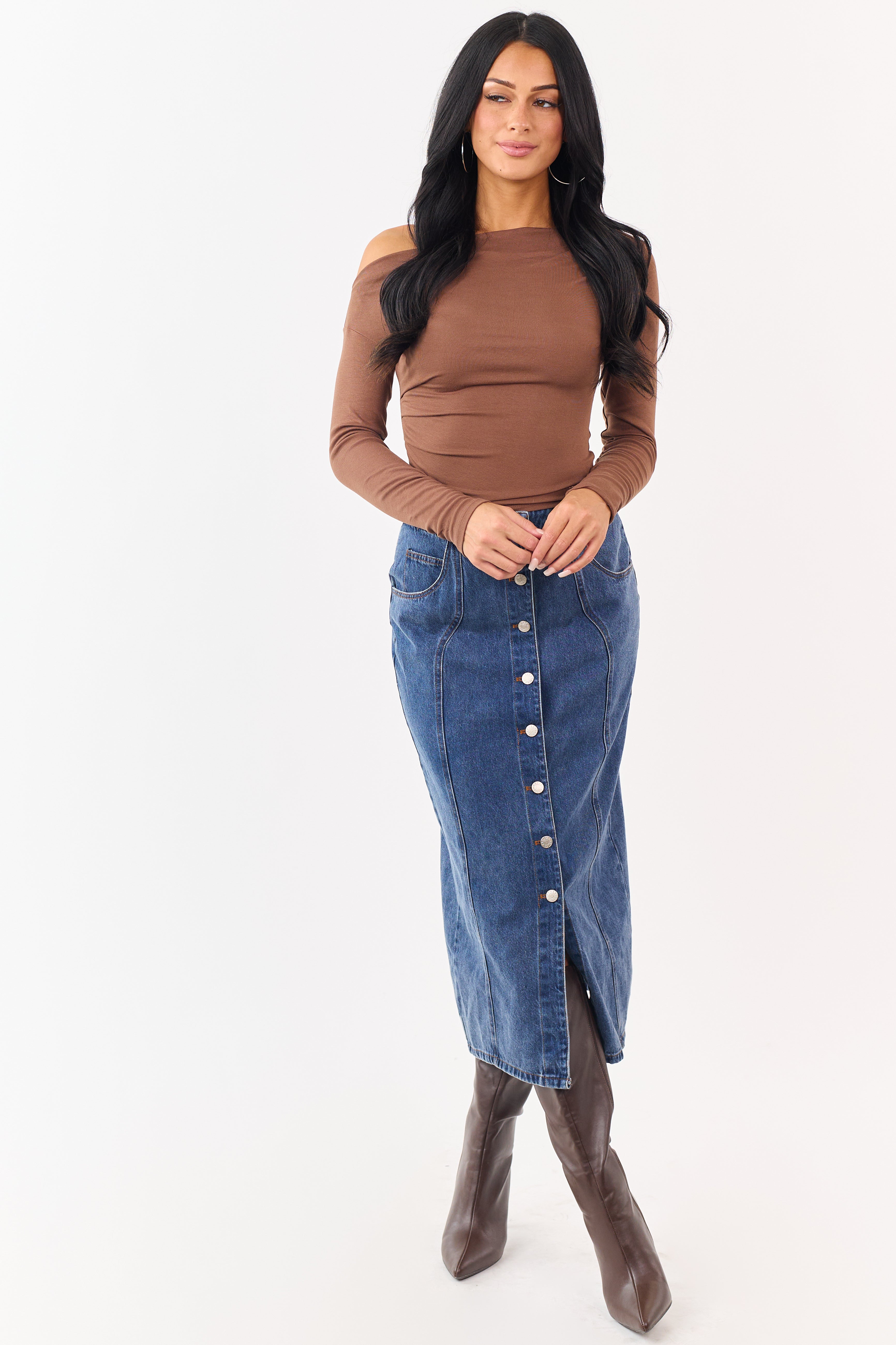 Medium Wash Button Down Denim Midi Skirt | Lime Lush Boutique