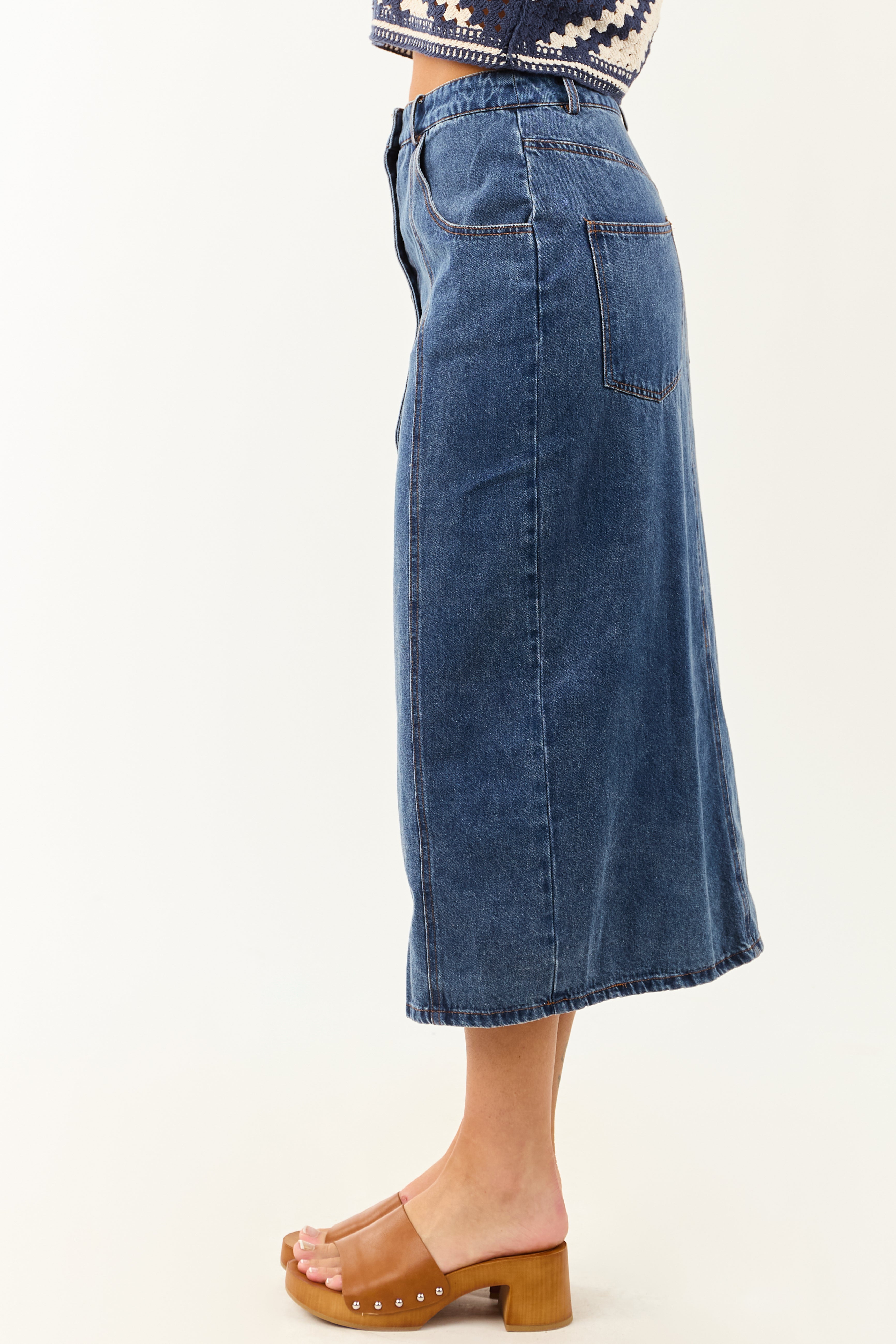 Medium Wash Button Down Denim Midi Skirt