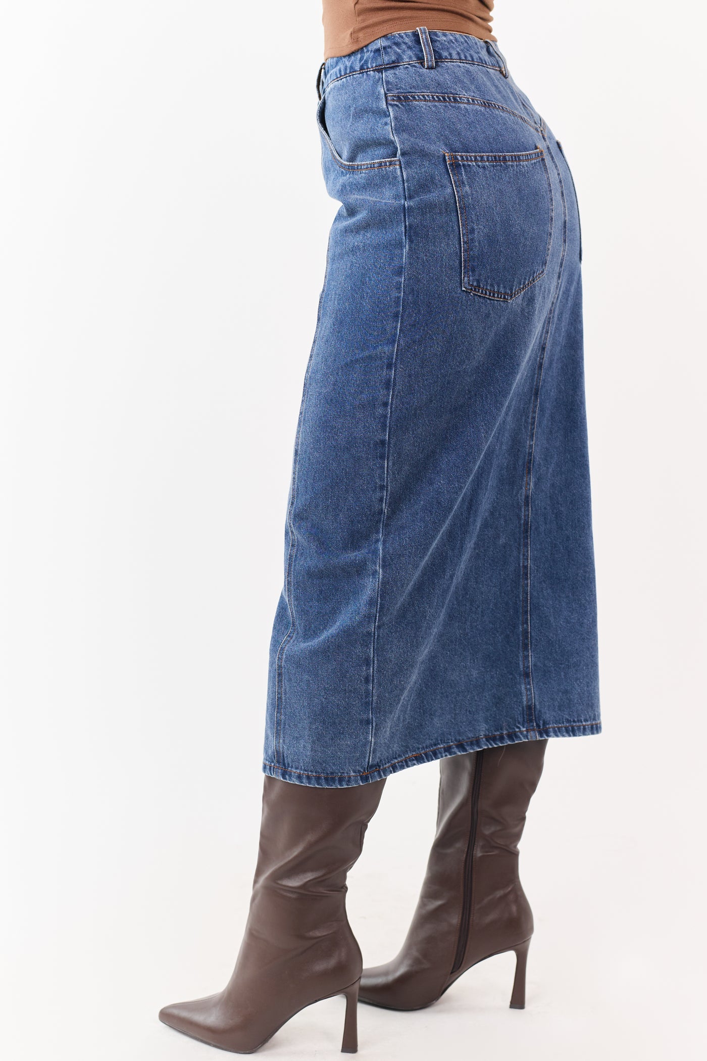 Medium Wash Button Down Denim Midi Skirt