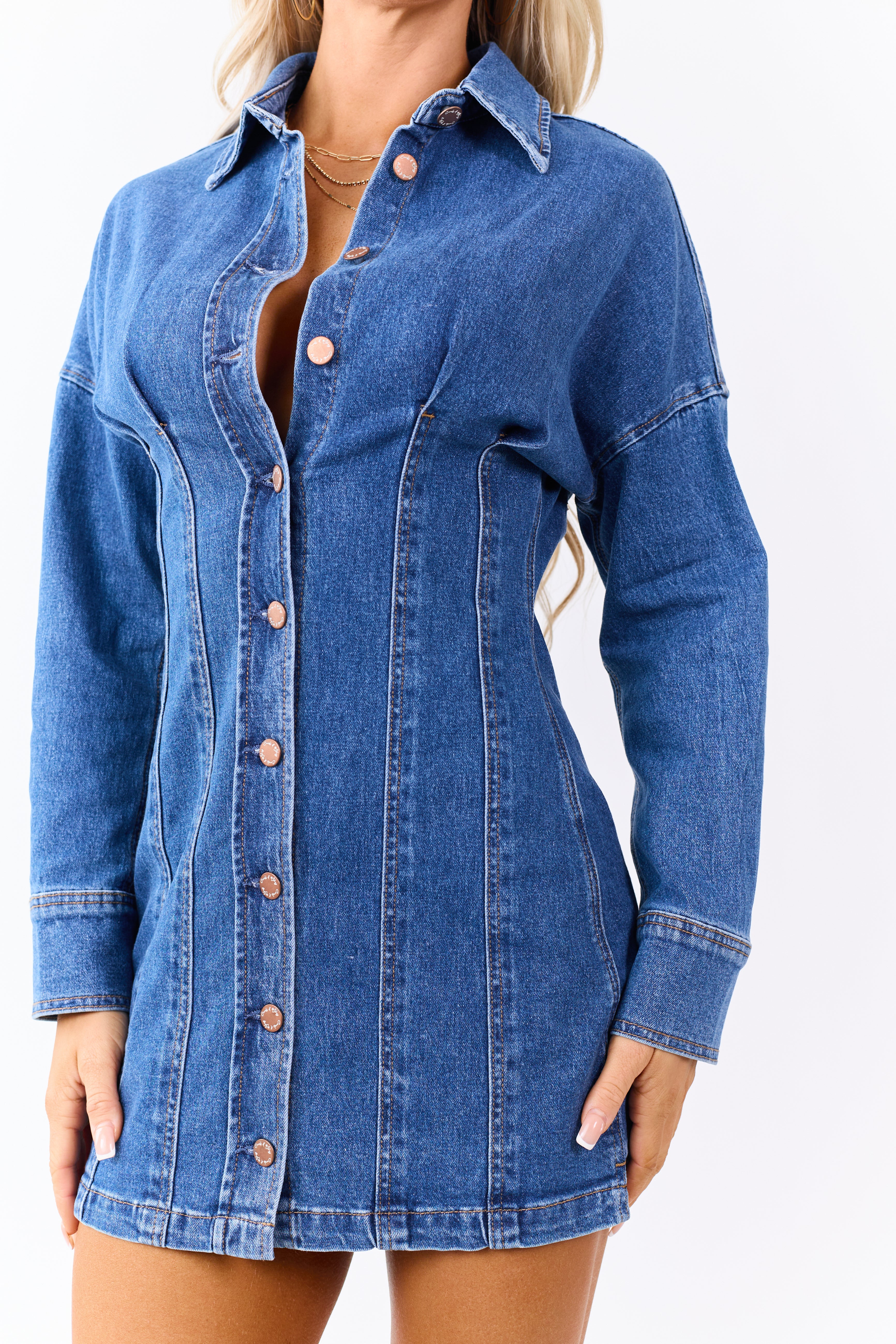 Medium Wash Button Down Pleated Mini Dress