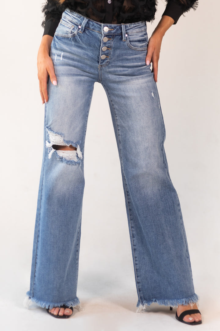 Medium Wash Button Fly Frayed Hem Distressed Jeans
