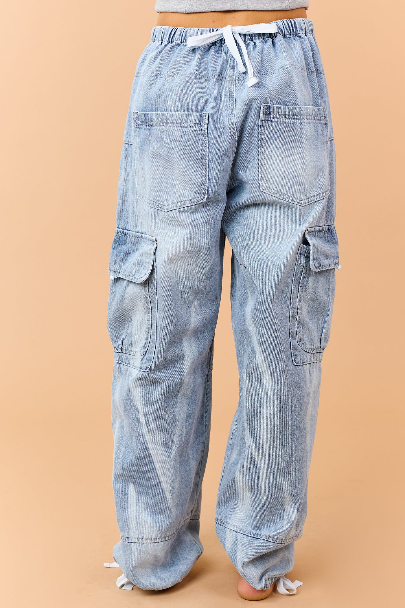 Medium Wash Button Fly Tie Hem Cargo Jeans
