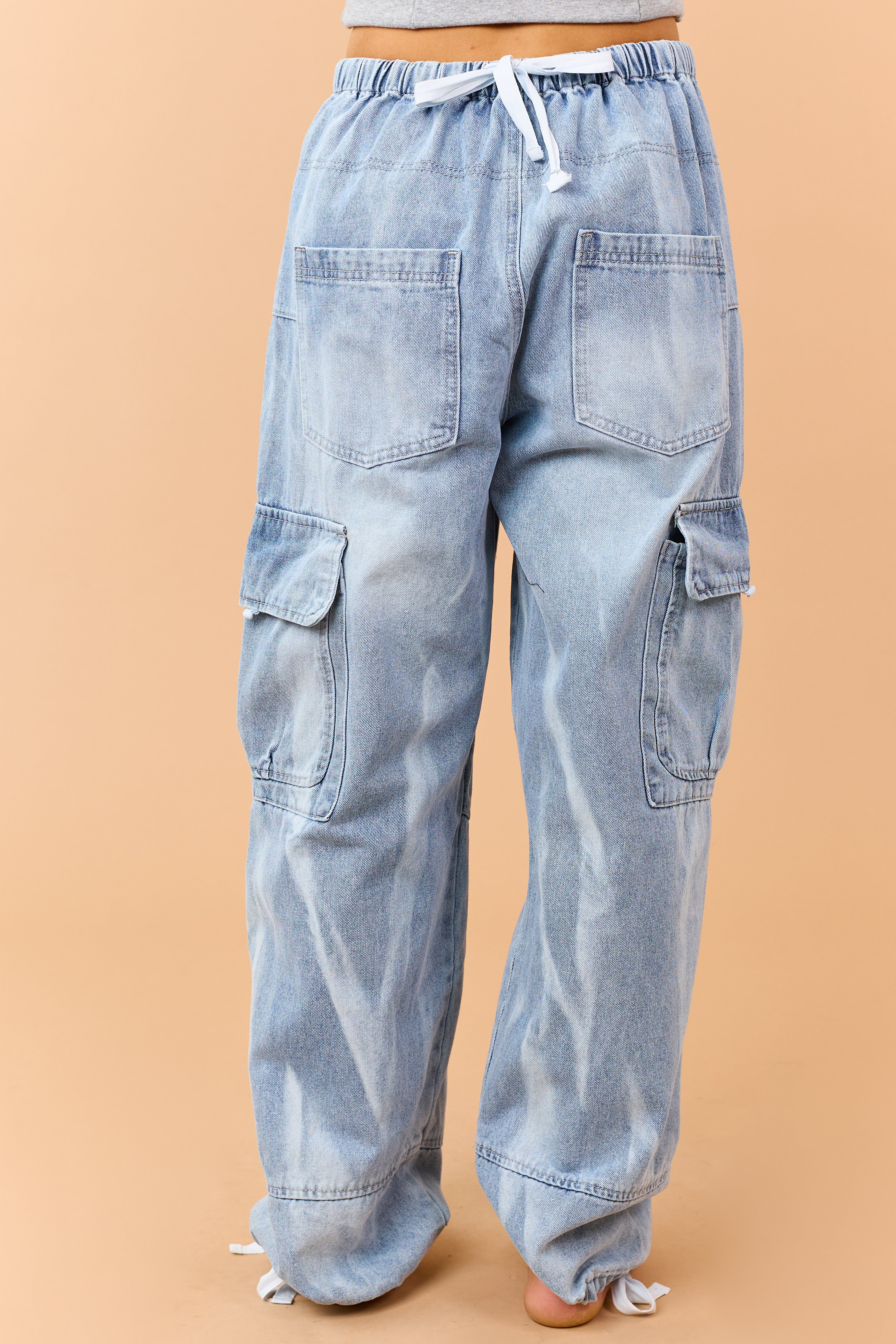 Medium Wash Button Fly Tie Hem Cargo Jeans