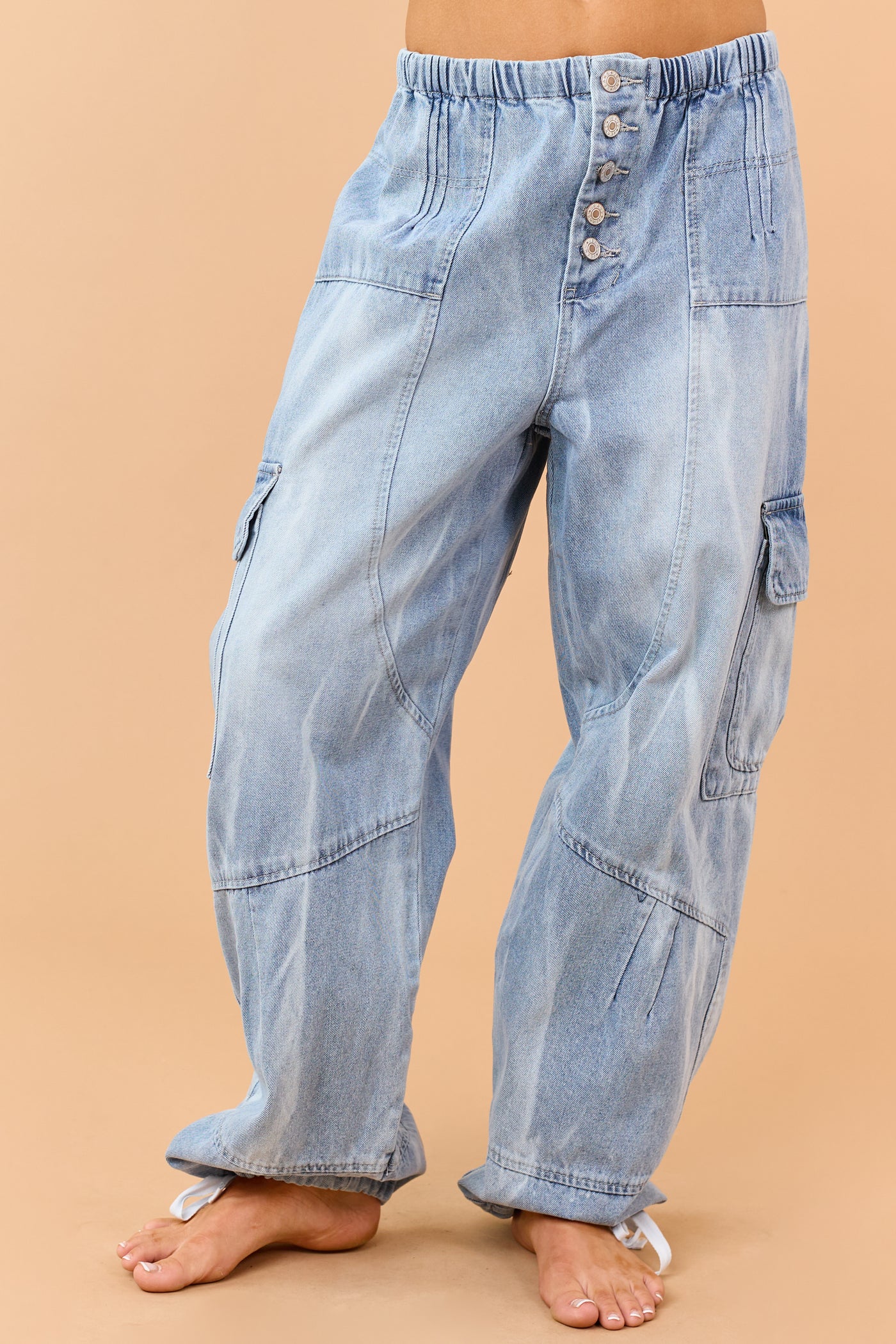 Medium Wash Button Fly Tie Hem Cargo Jeans