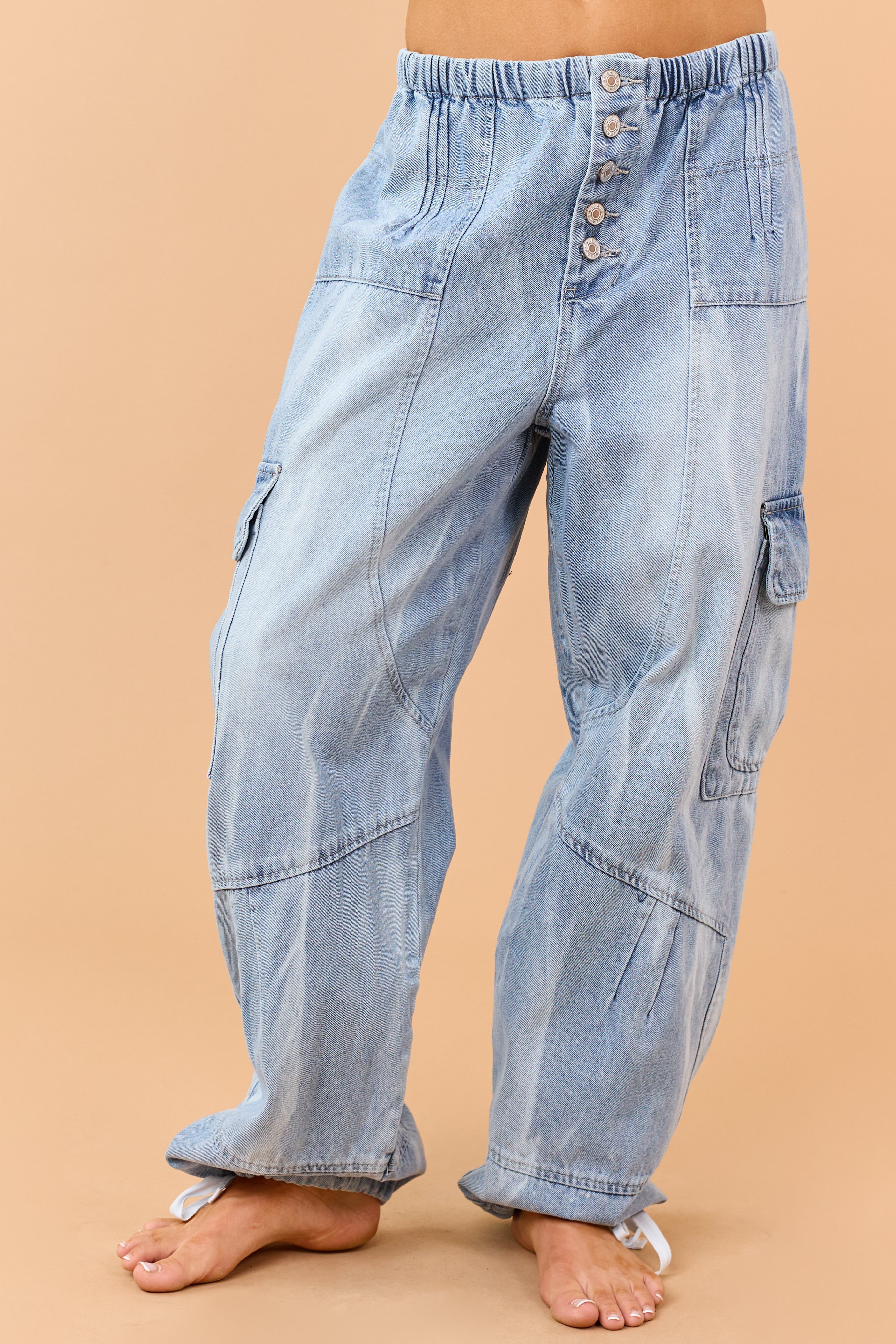 Medium Wash Button Fly Tie Hem Cargo Jeans