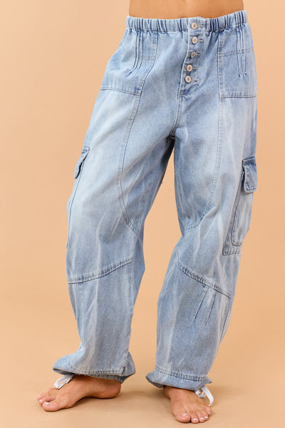 Medium Wash Button Fly Tie Hem Cargo Jeans