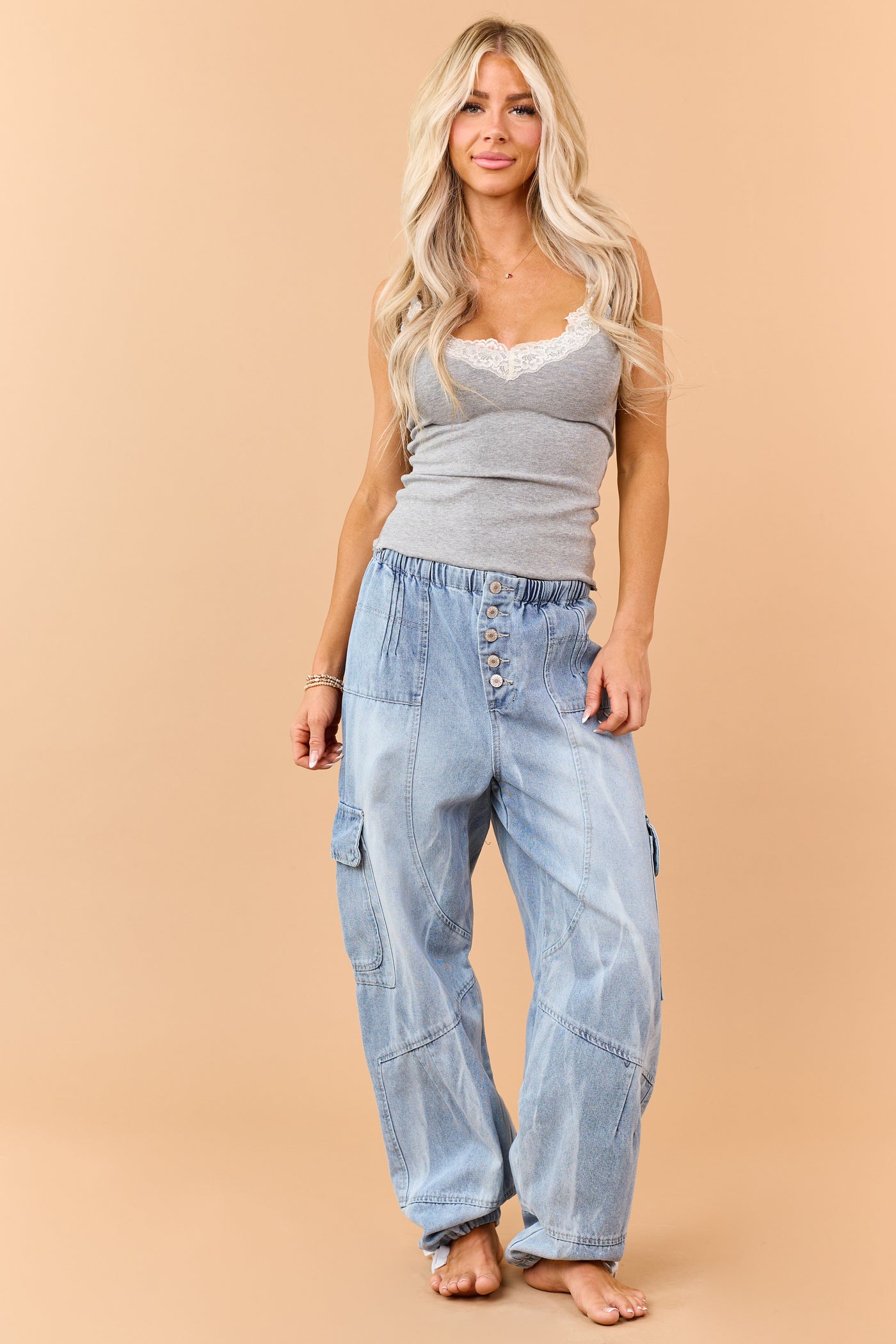 Medium Wash Button Fly Tie Hem Cargo Jeans