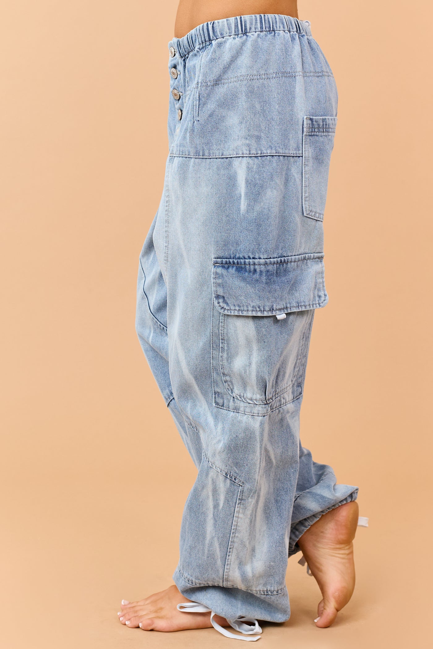 Medium Wash Button Fly Tie Hem Cargo Jeans