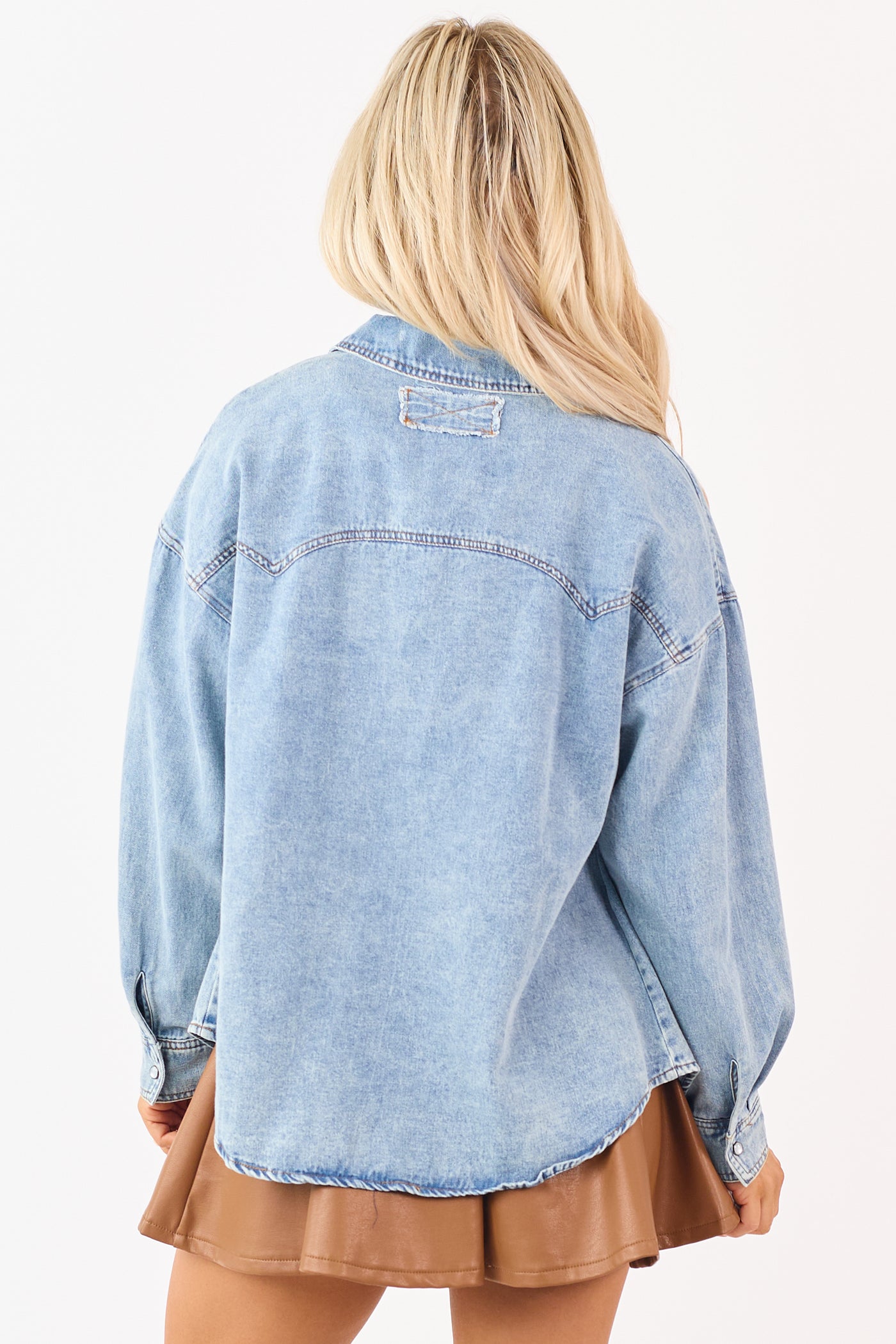 Medium Wash Button Up Long Sleeve Denim Top