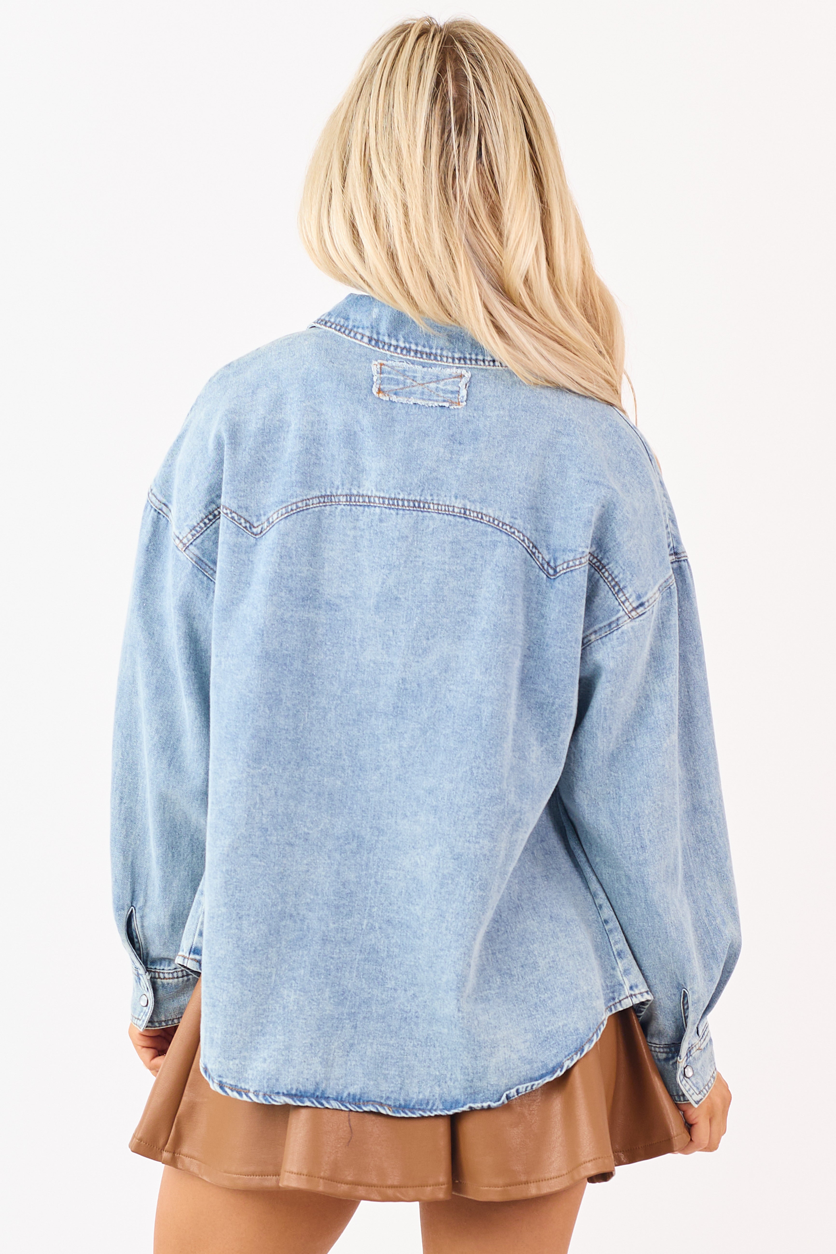 Medium Wash Button Up Long Sleeve Denim Top