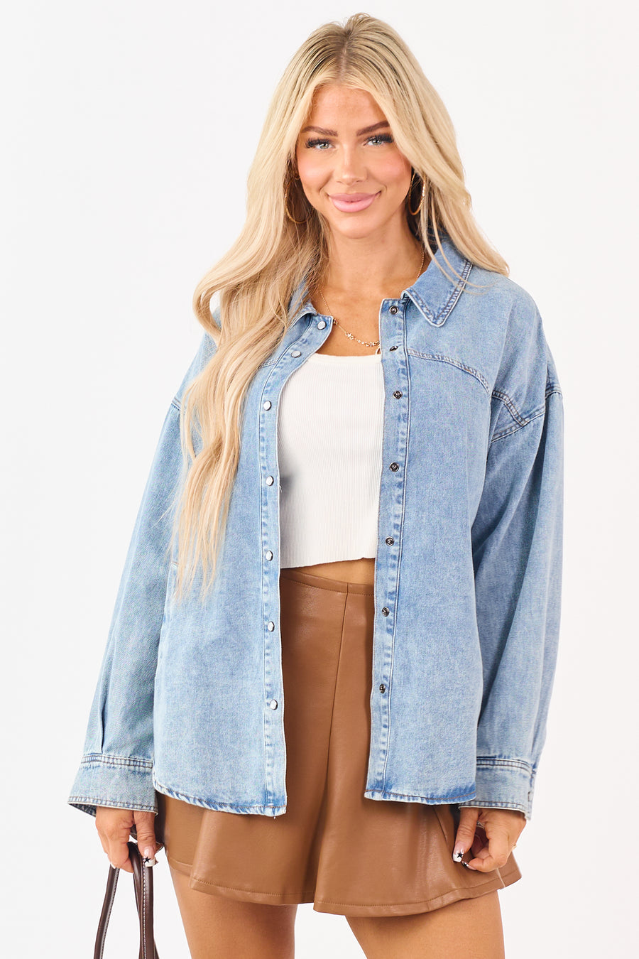 Medium Wash Button Up Long Sleeve Denim Top