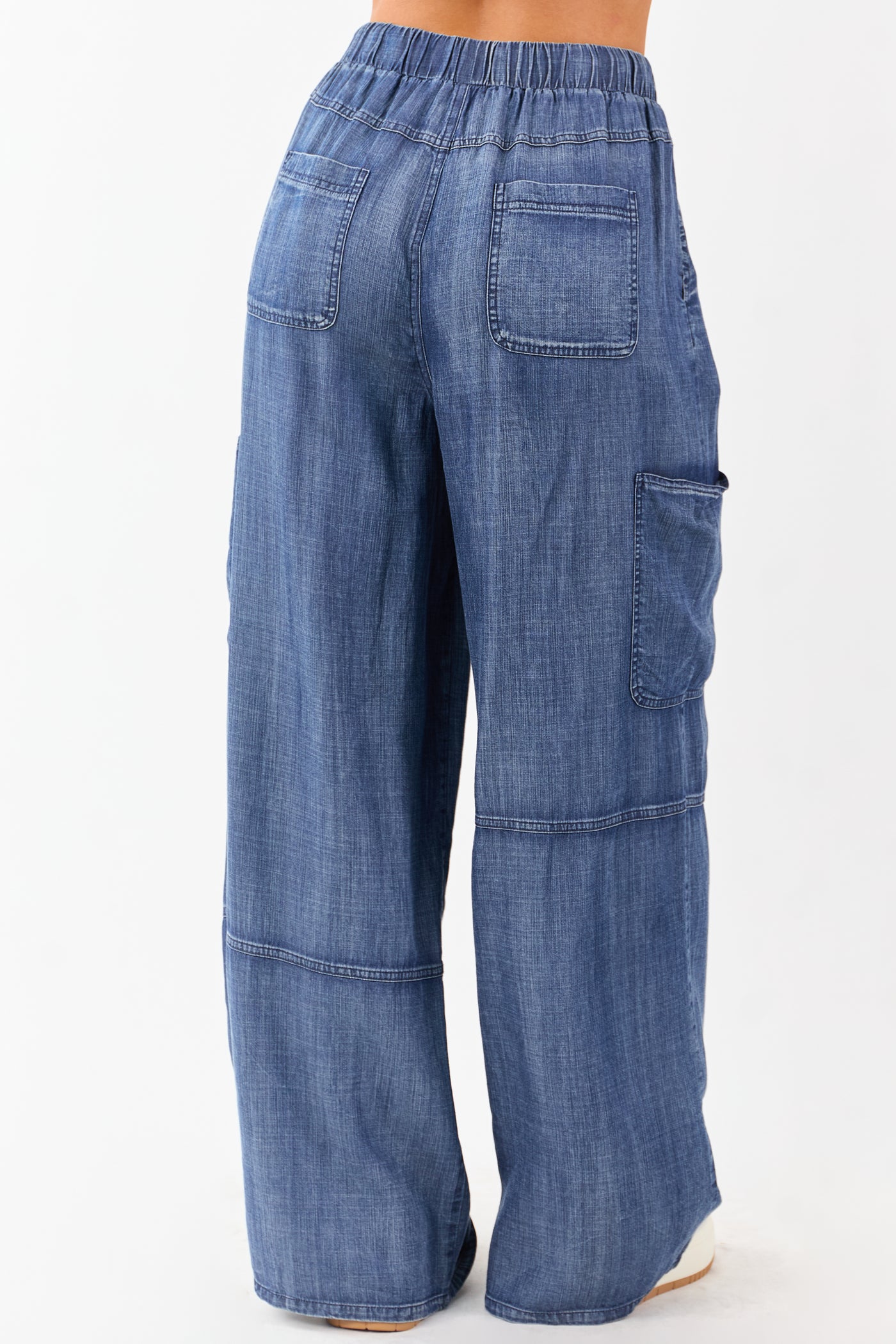 Medium Wash Chambray Cargo Wide Leg Pants
