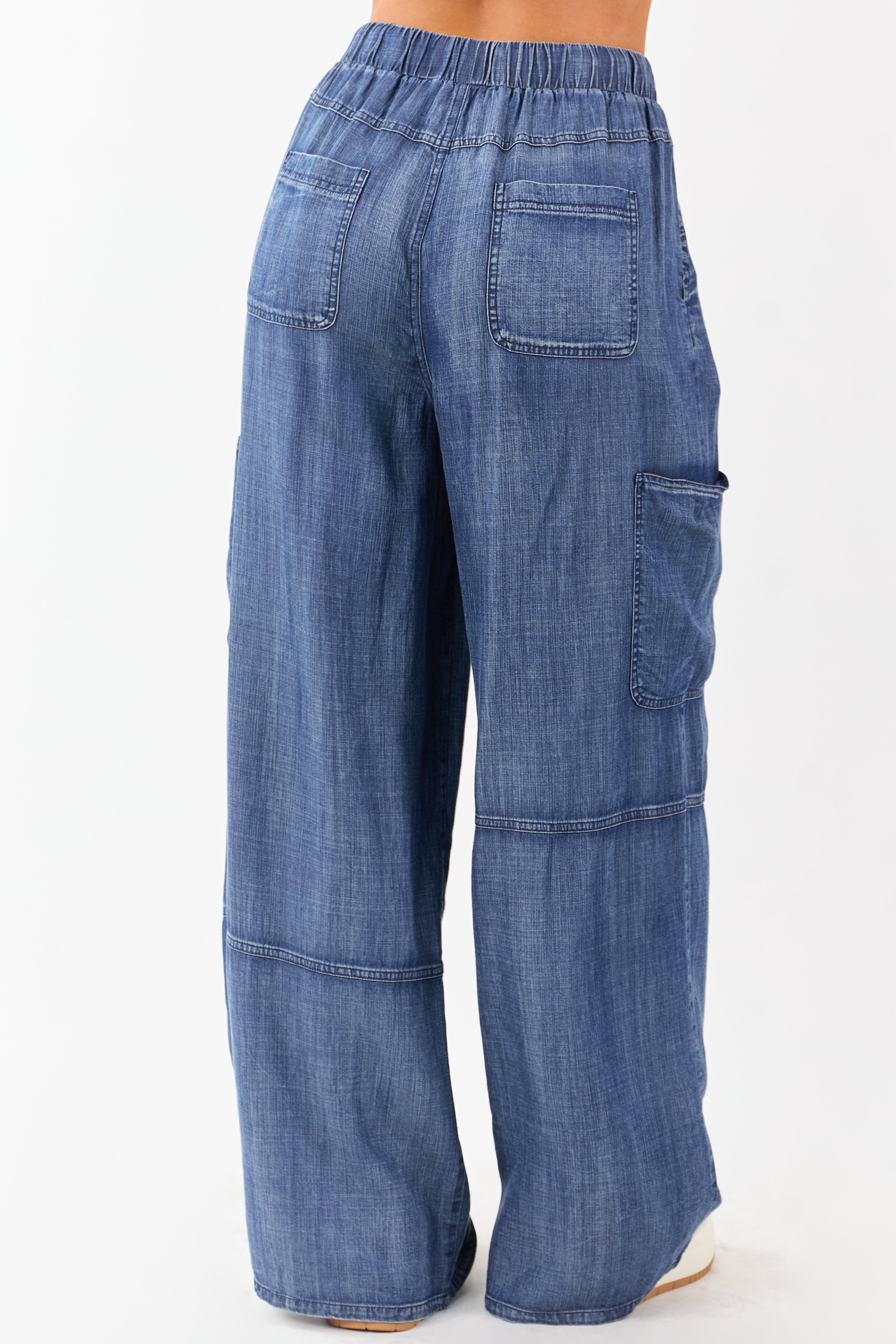 Medium Wash Chambray Cargo Wide Leg Pants