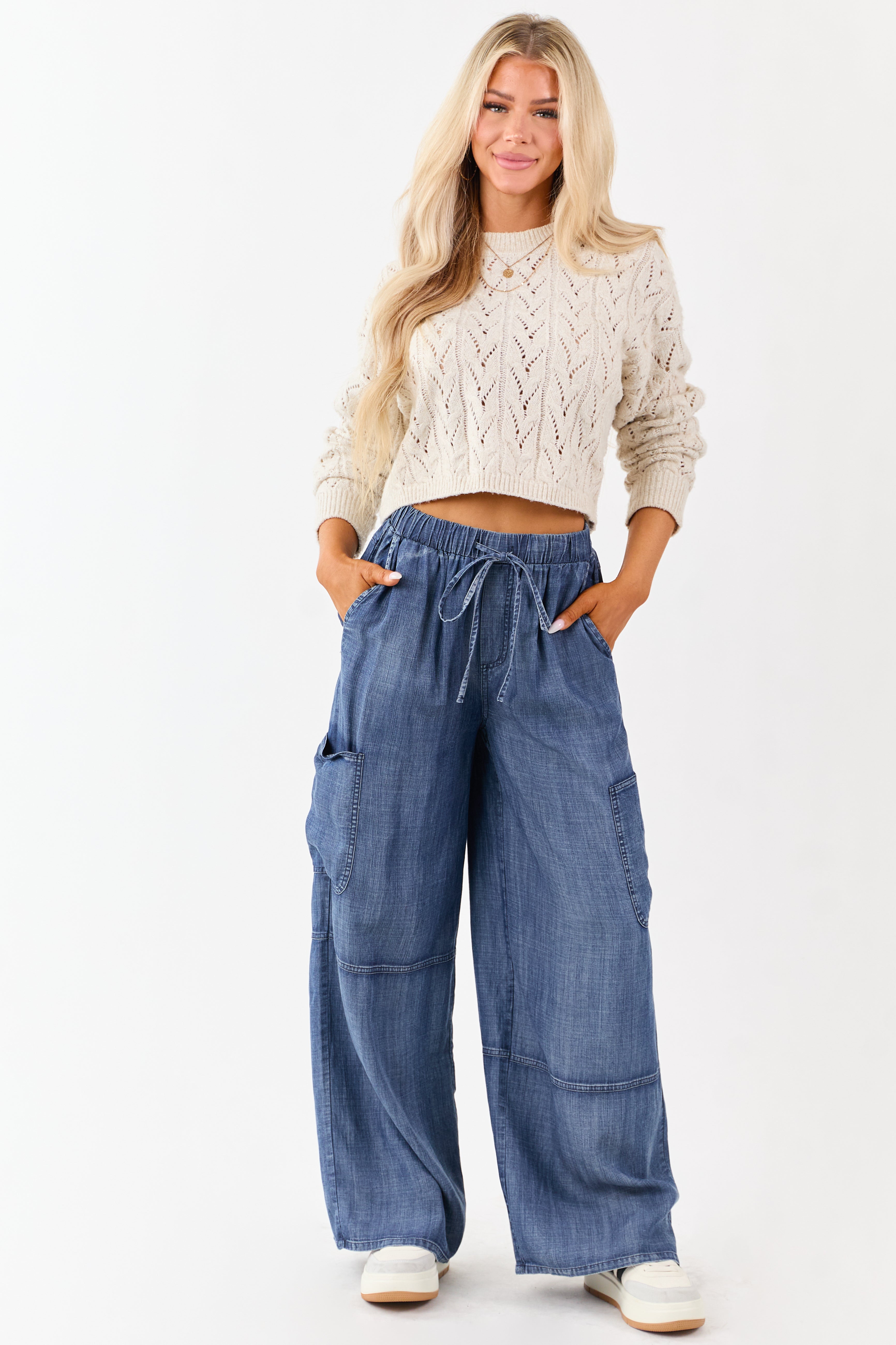 Medium Wash Chambray Cargo Wide Leg Pants