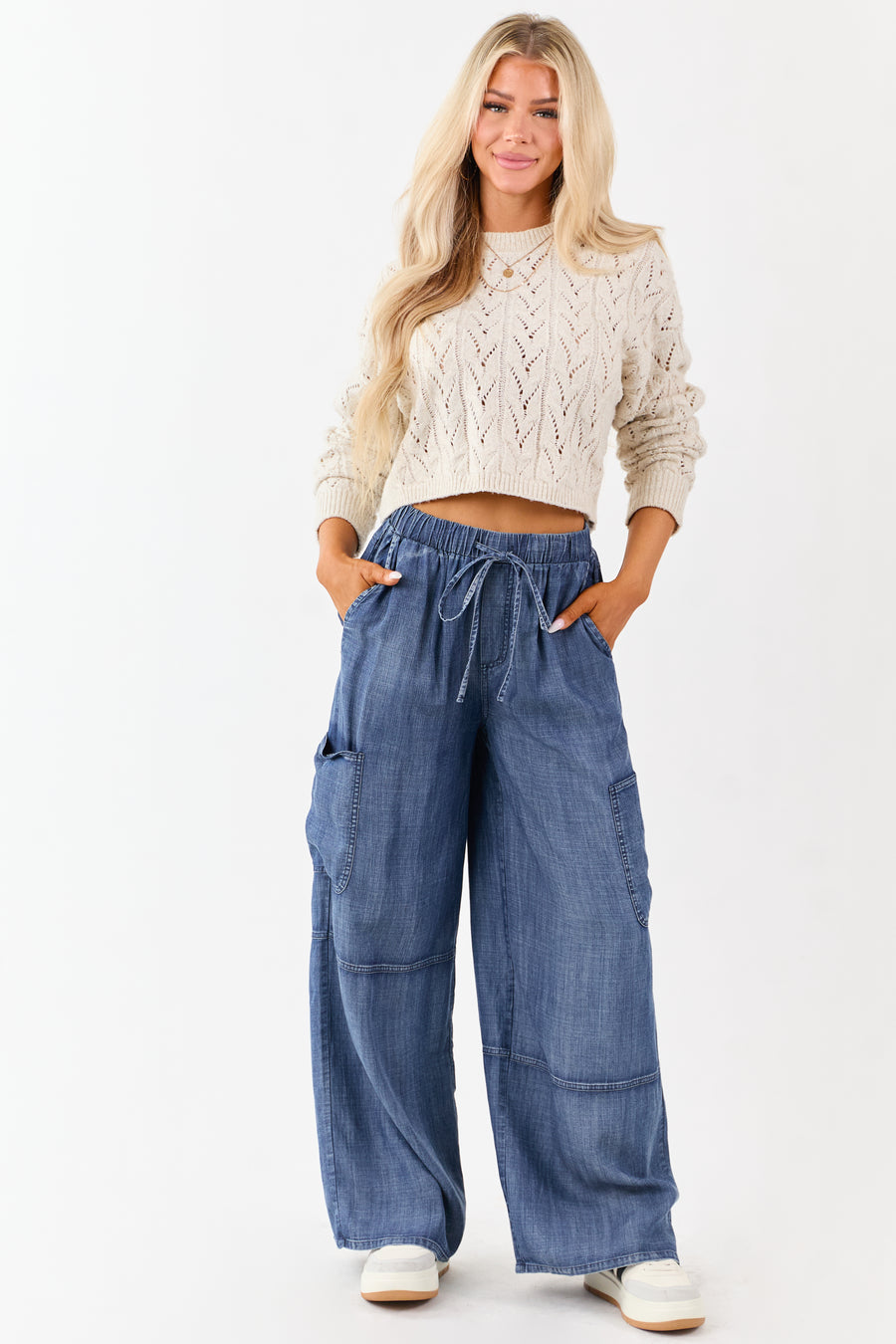 Medium Wash Chambray Cargo Wide Leg Pants