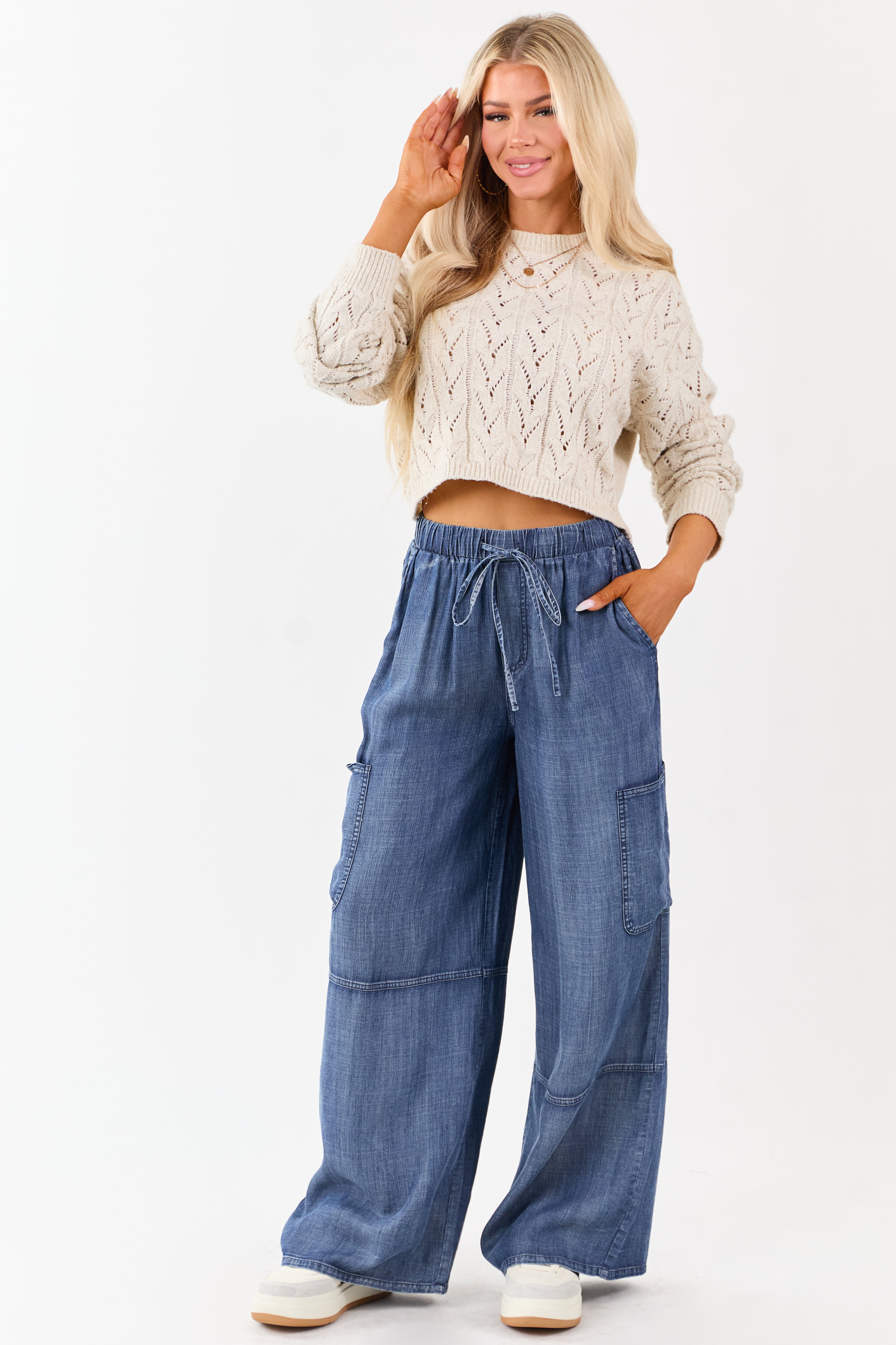 Medium Wash Chambray Cargo Wide Leg Pants