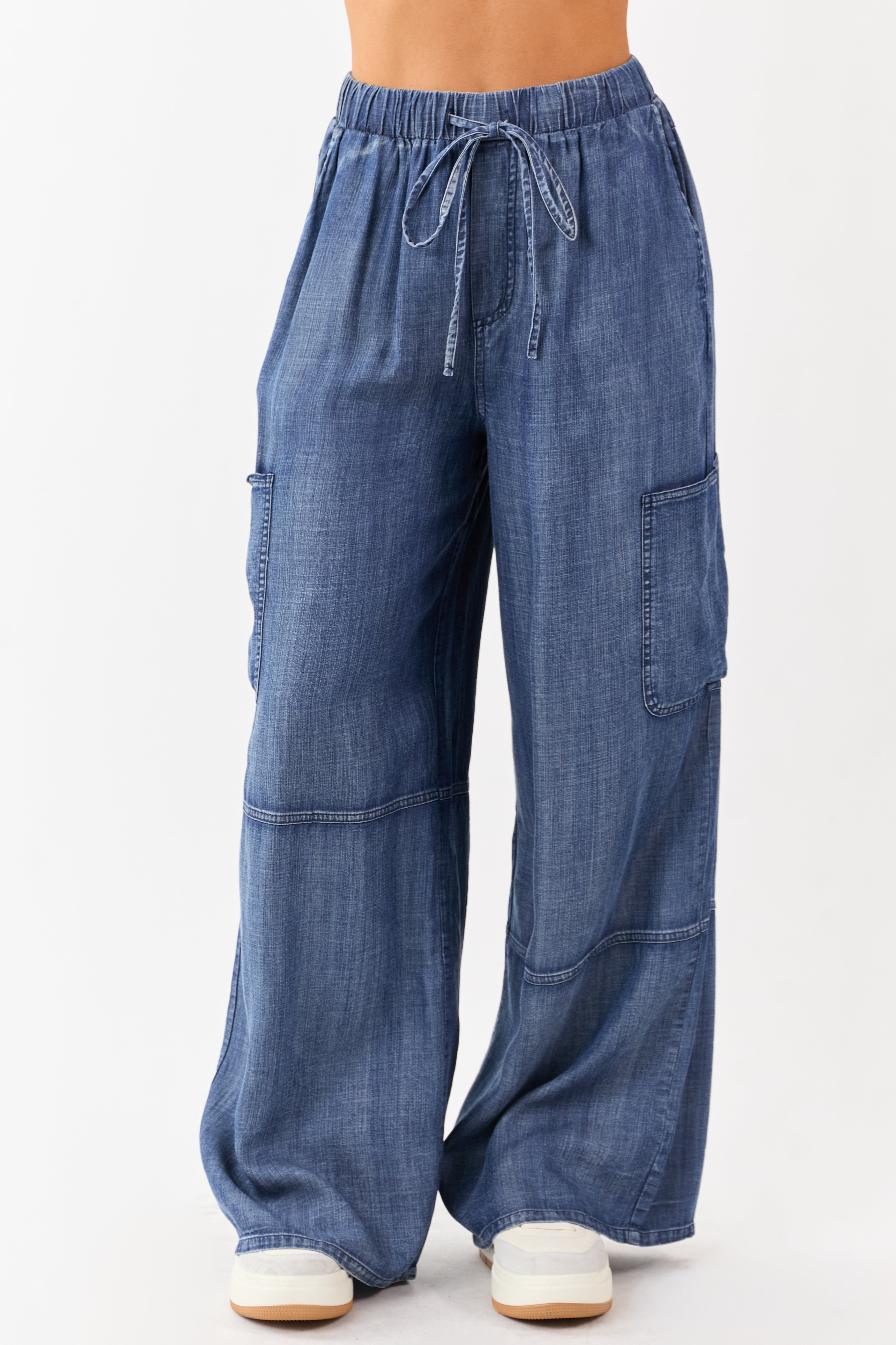 Medium Wash Chambray Cargo Wide Leg Pants