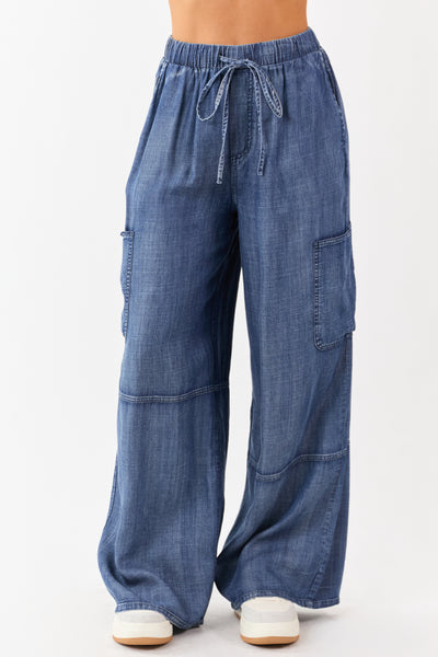 Medium Wash Chambray Cargo Wide Leg Pants