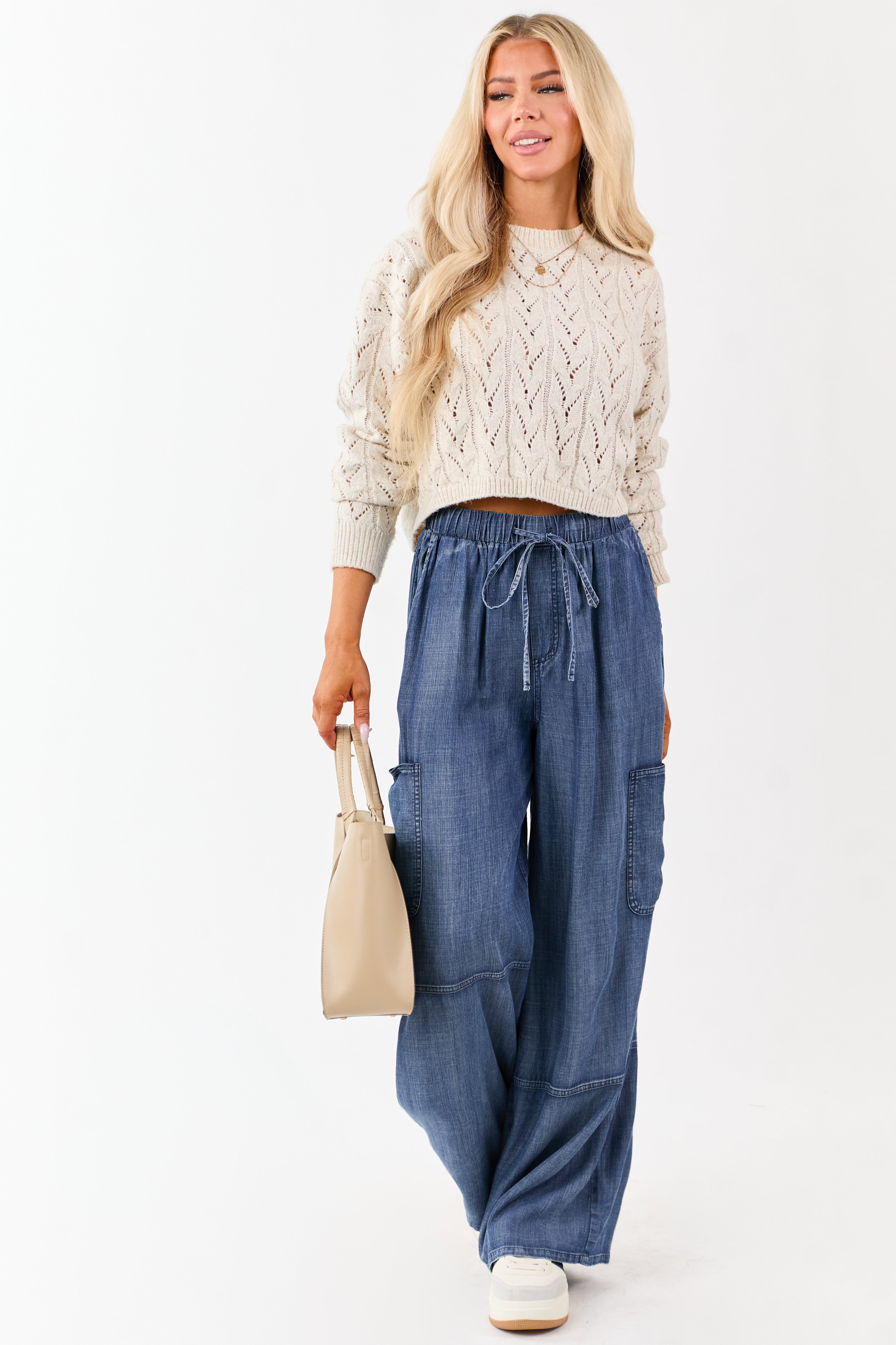Medium Wash Chambray Cargo Wide Leg Pants