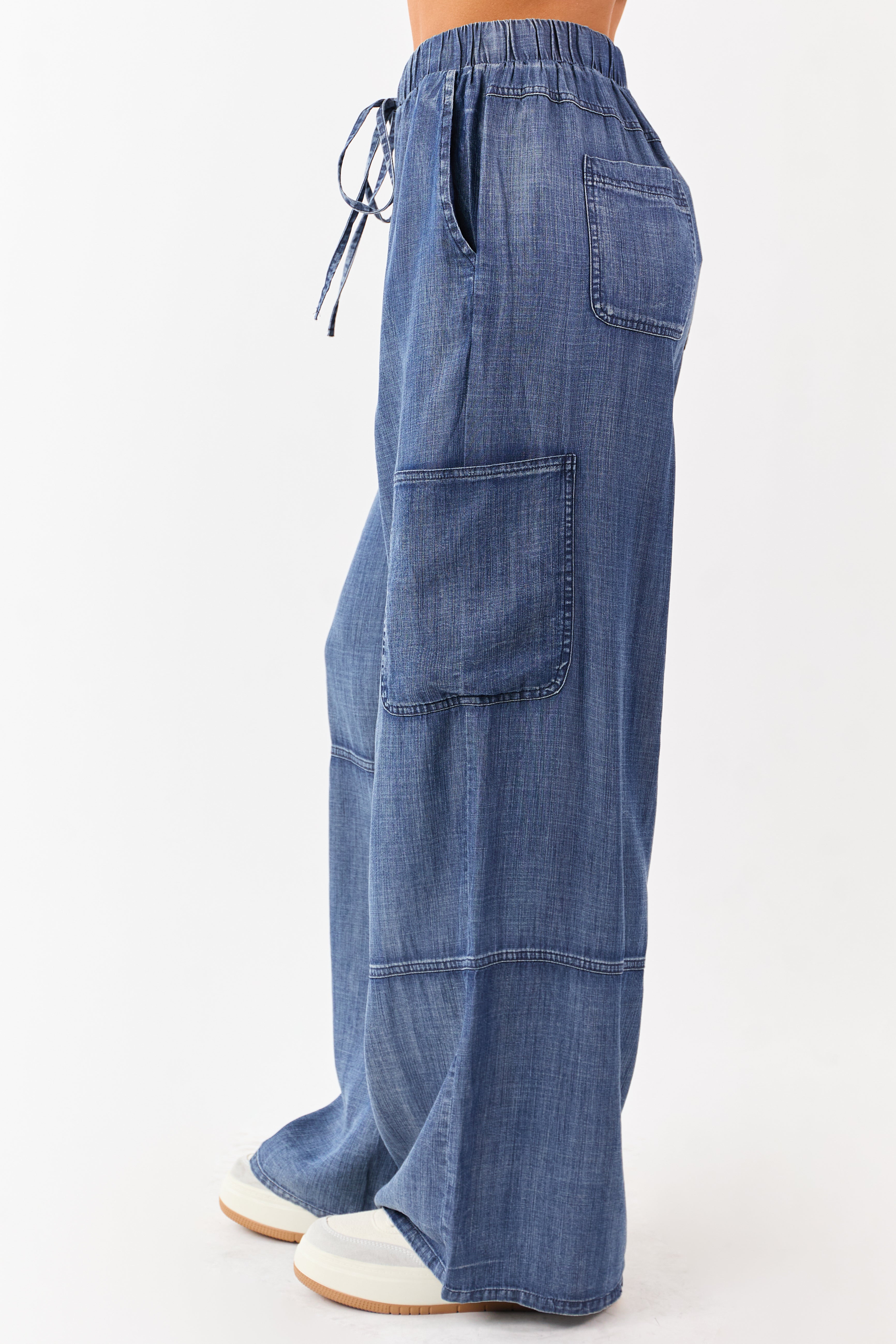 Medium Wash Chambray Cargo Wide Leg Pants