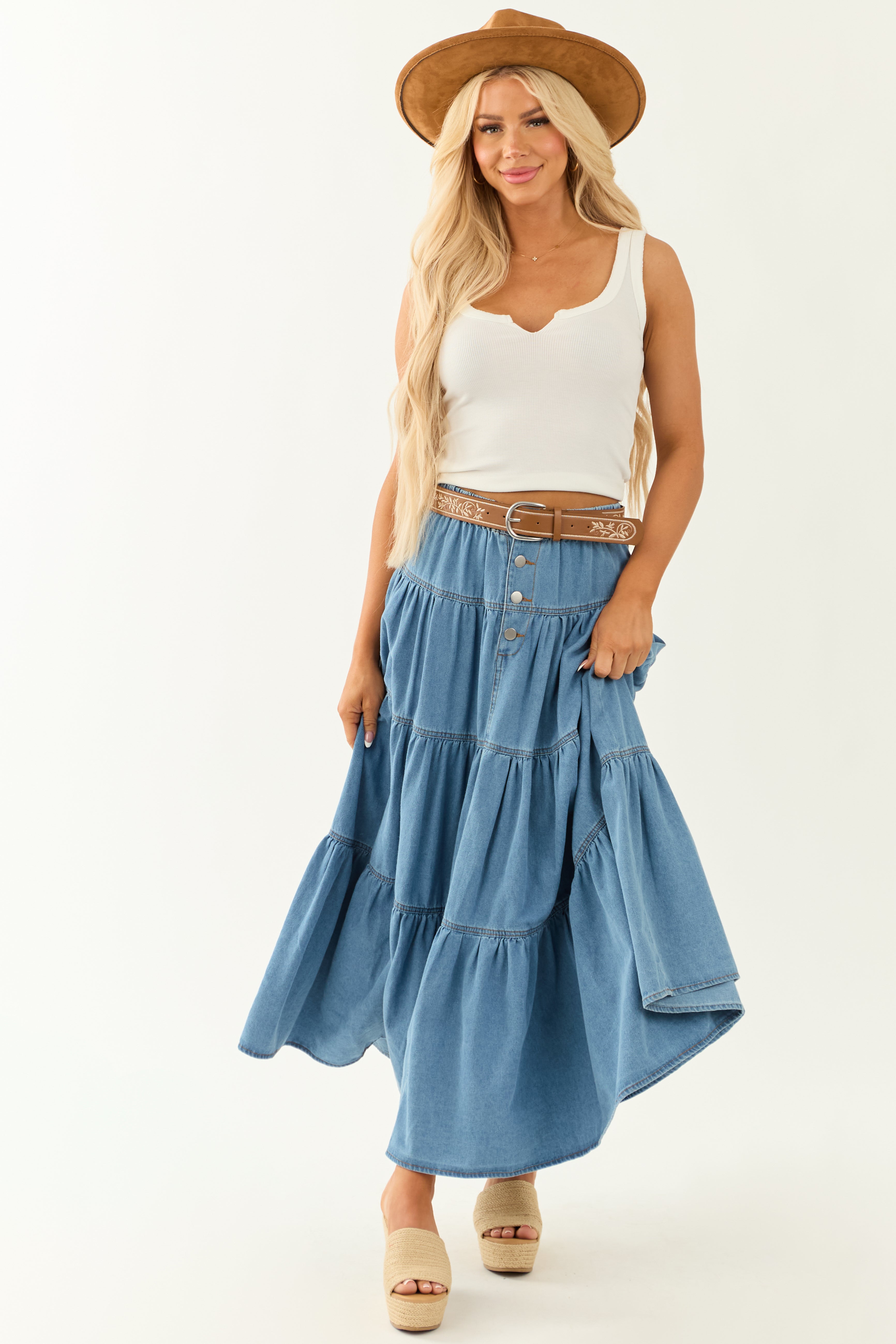 【BAON】Chems Washed Denim Long Skirt Medium-Wash-Denim-High-Low-