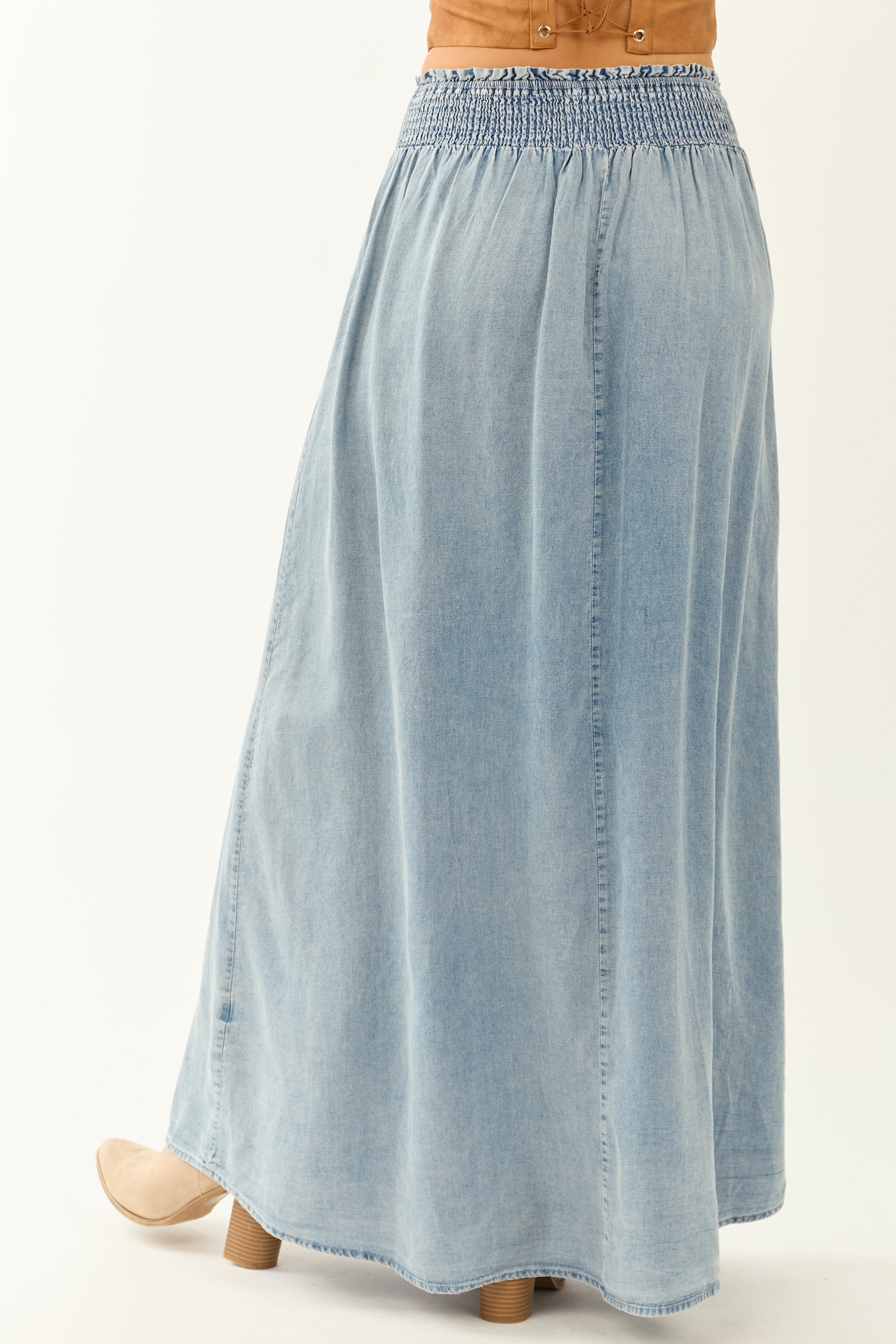 Medium Wash Chambray Denim Front Slit Maxi Skirt