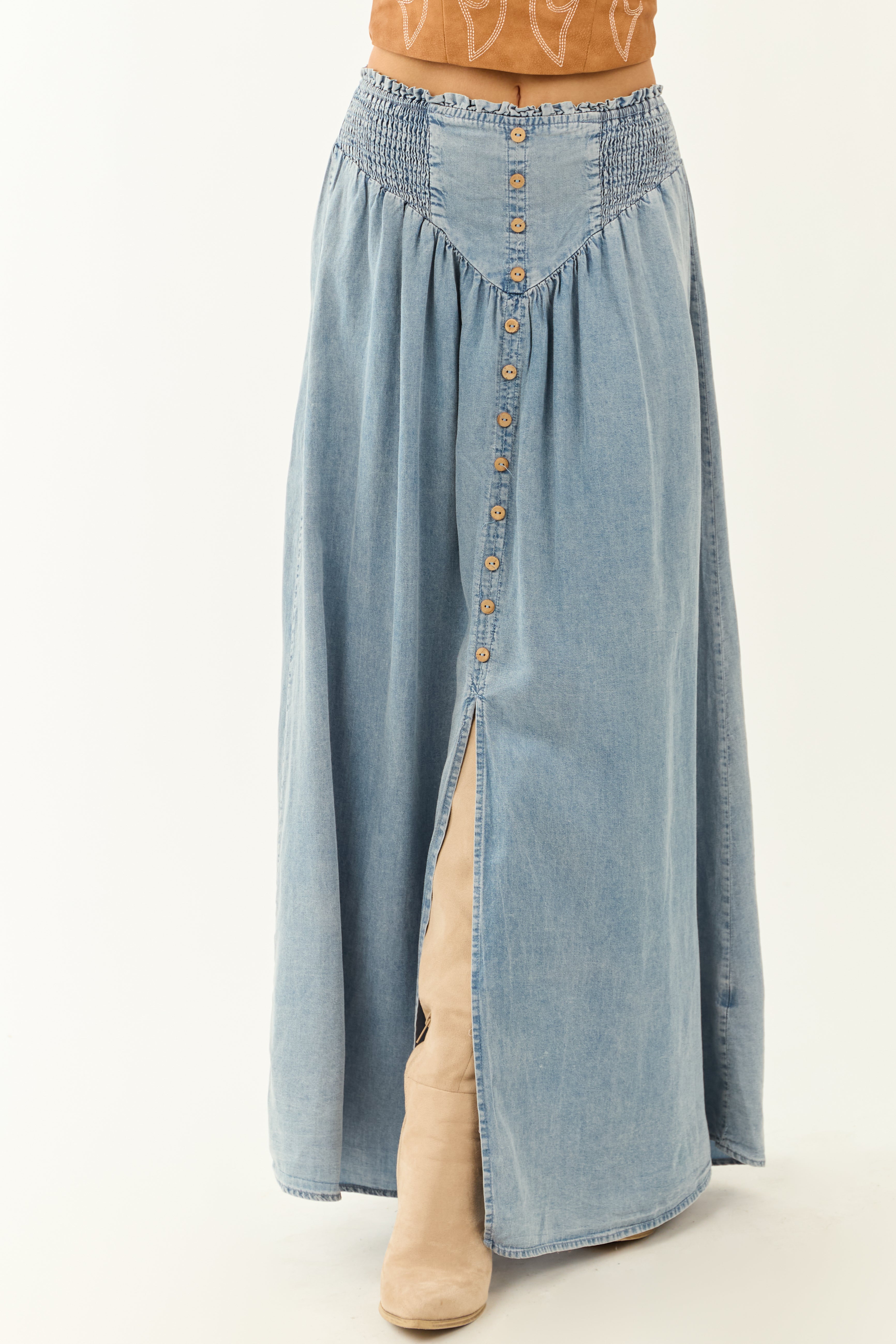 Medium Wash Chambray Denim Front Slit Maxi Skirt
