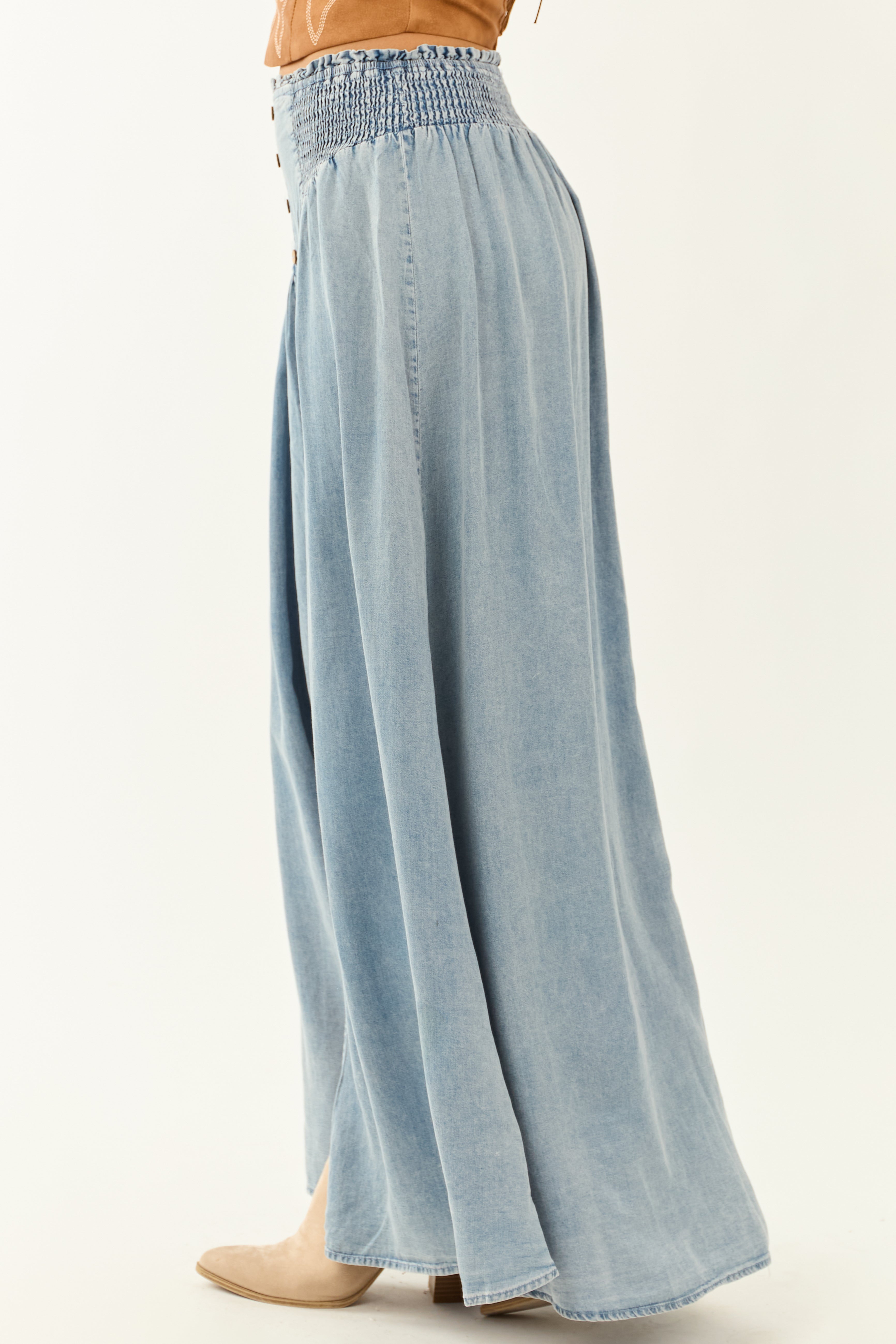 Medium Wash Chambray Denim Front Slit Maxi Skirt