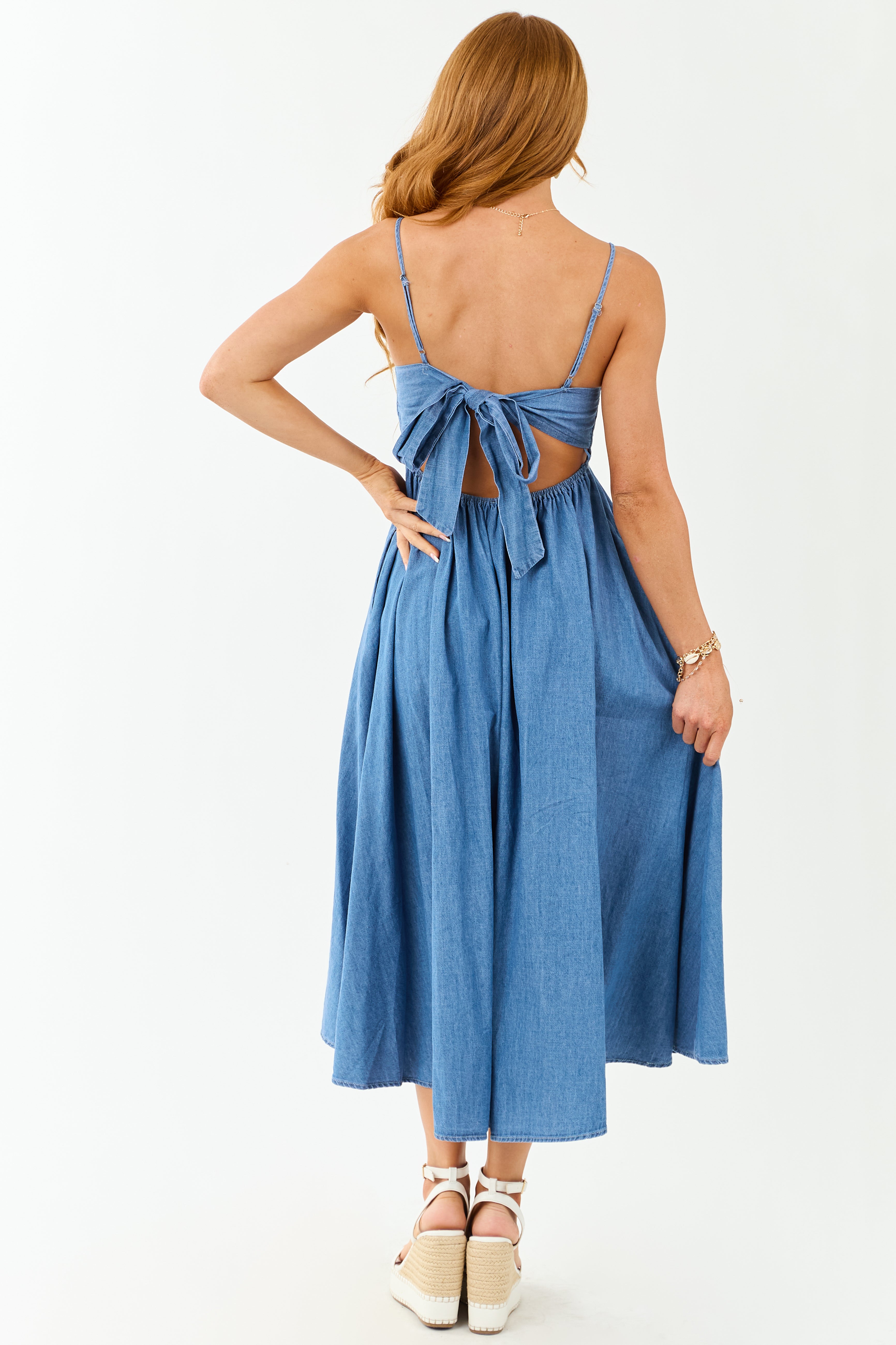 Medium Wash Chambray Denim Open Back Midi Dress | Lime Lush Boutique