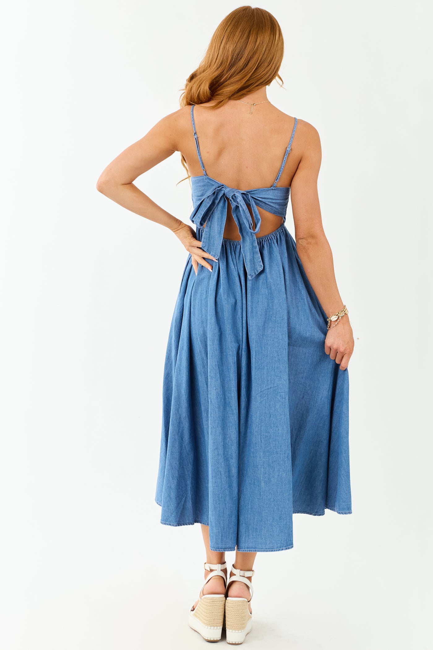 Medium Wash Chambray Denim Open Back Midi Dress