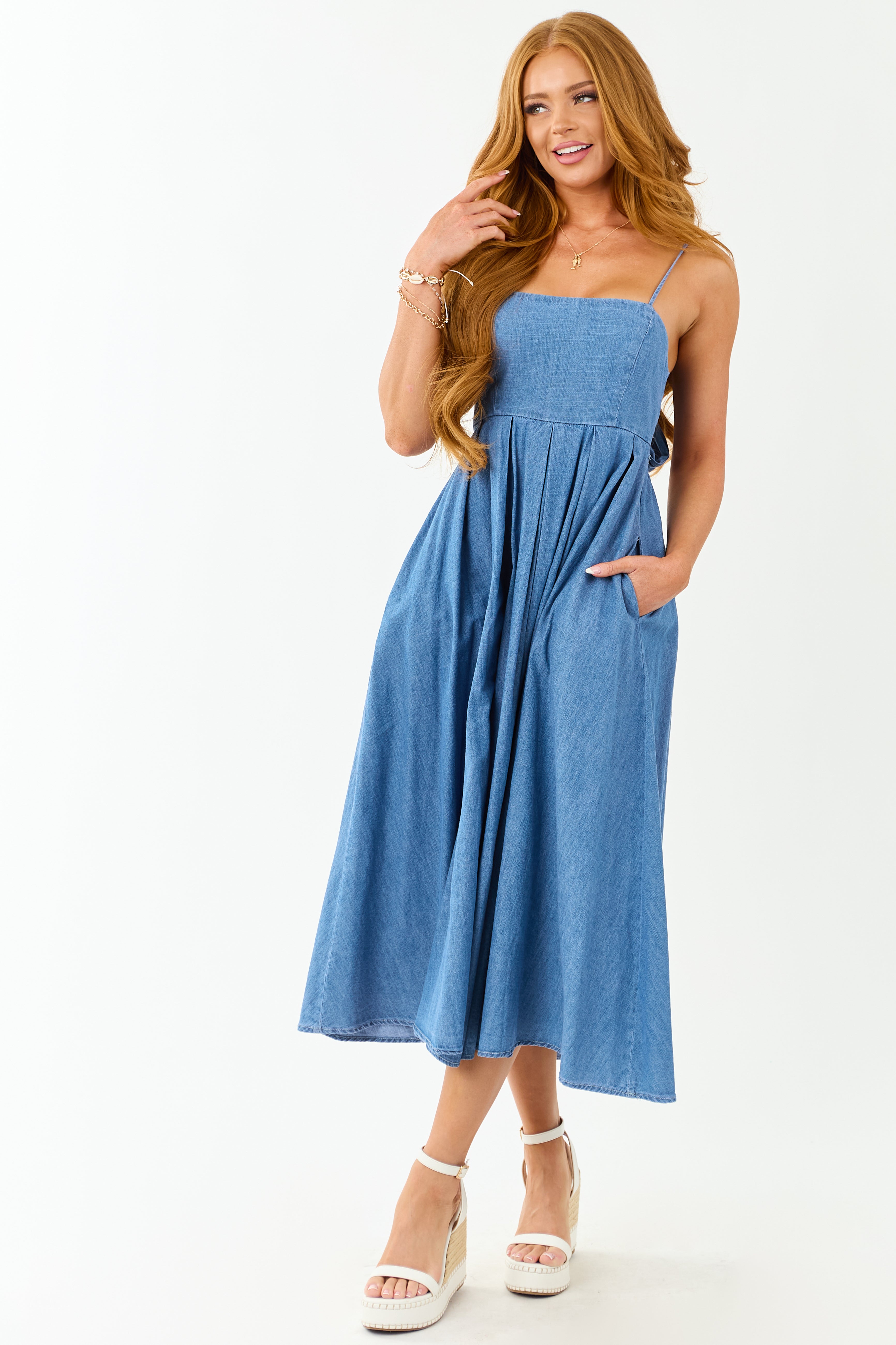 Medium Wash Chambray Denim Open Back Midi Dress | Lime Lush Boutique Medium Wash Chambray Denim Open Back Midi Dress | Lime Lush Boutique