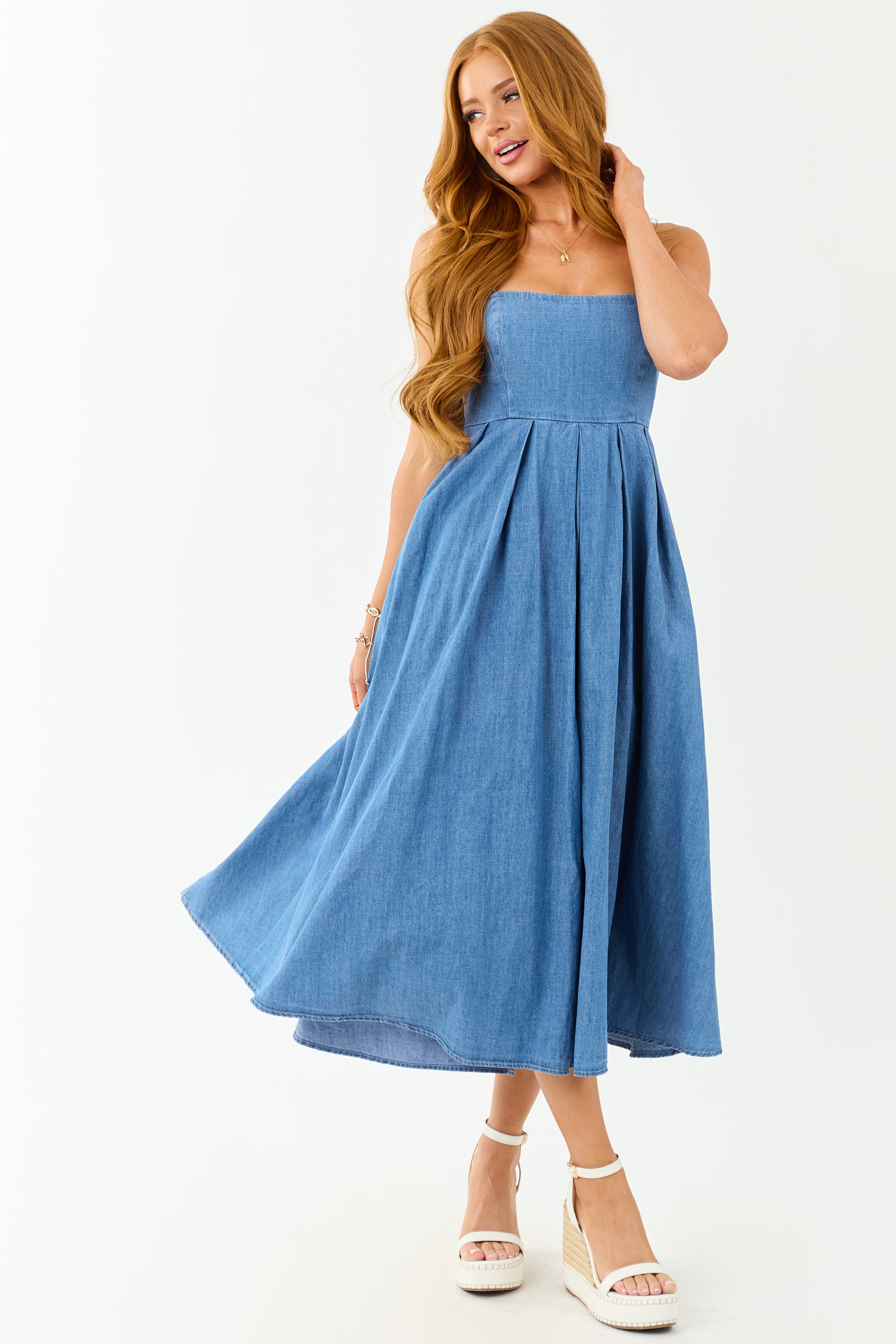 Medium Wash Chambray Denim Open Back Midi Dress - S Medium Wash Chambray Denim Open Back Midi Dress - S