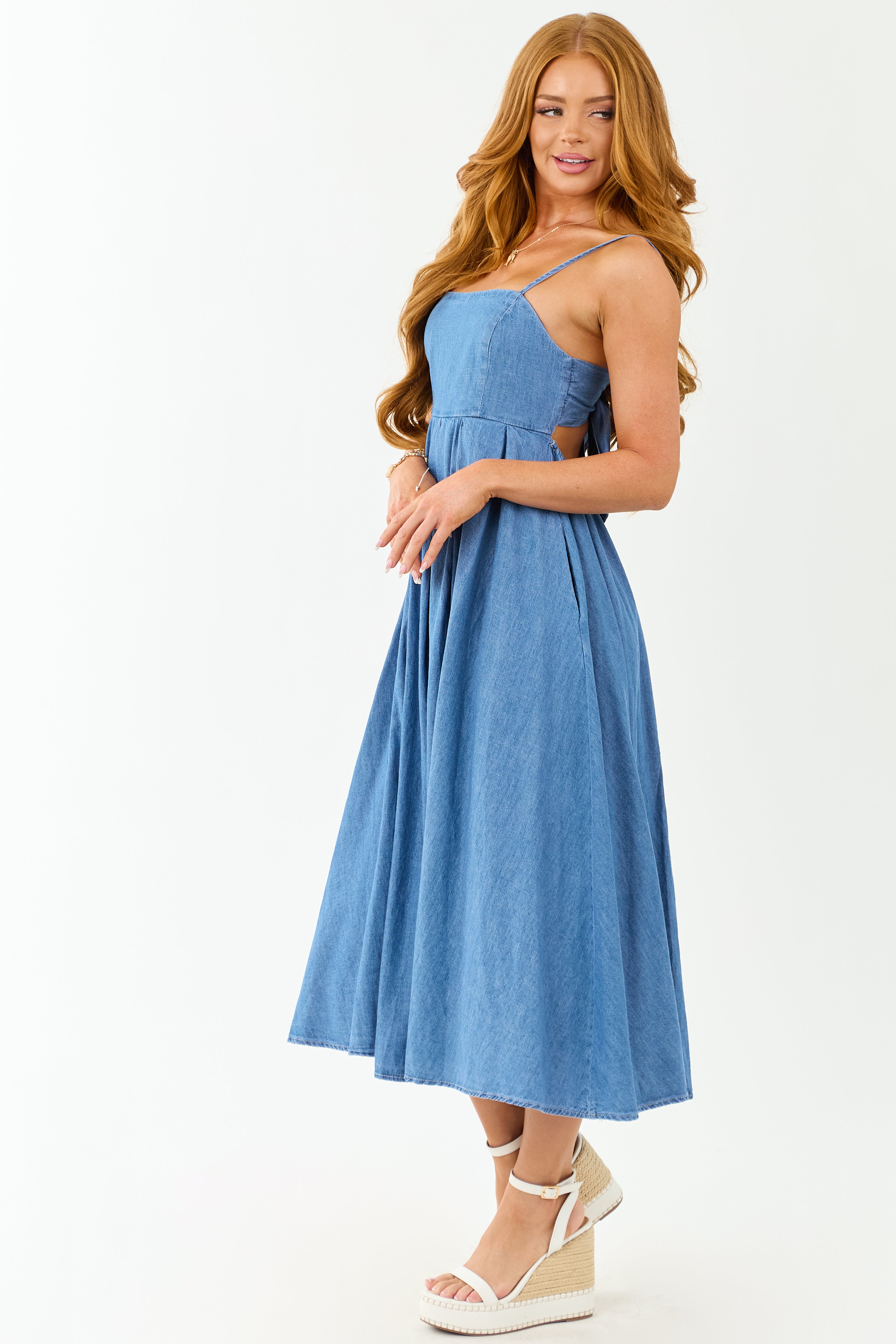 Medium Wash Chambray Denim Open Back Midi Dress | Lime Lush Boutique
