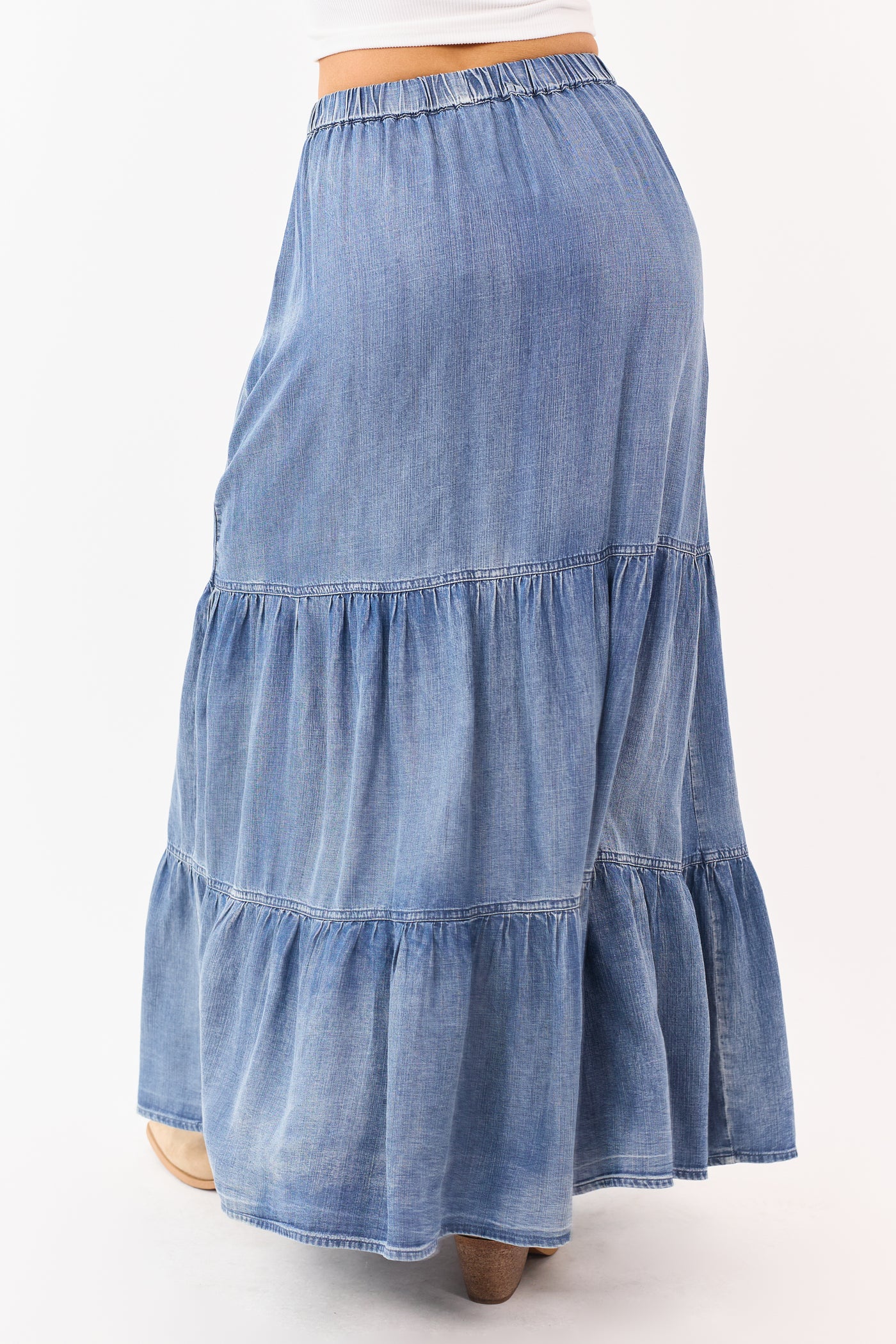 Medium Wash Chambray Denim Tiered Maxi Skirt