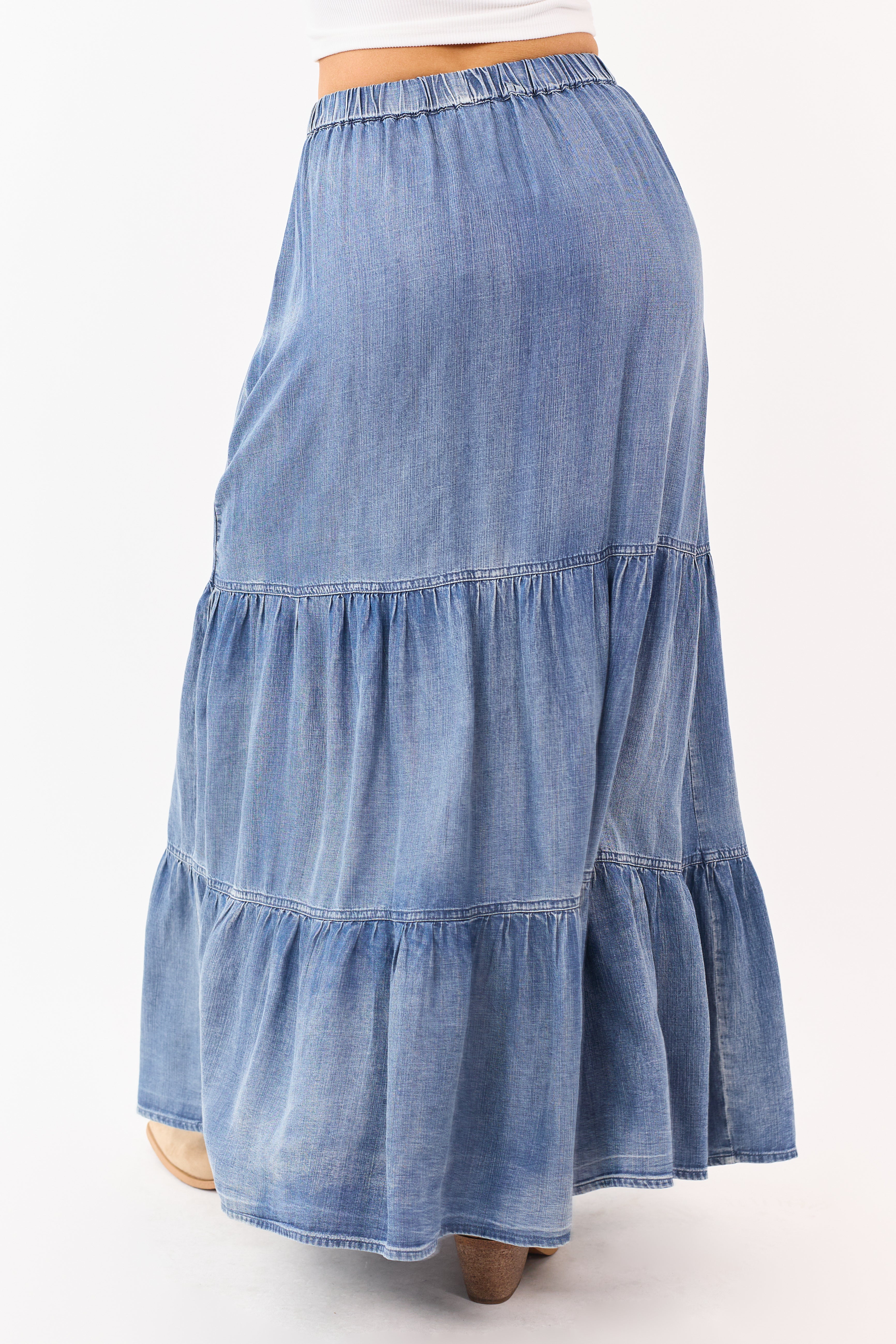 Medium Wash Chambray Denim Tiered Maxi Skirt