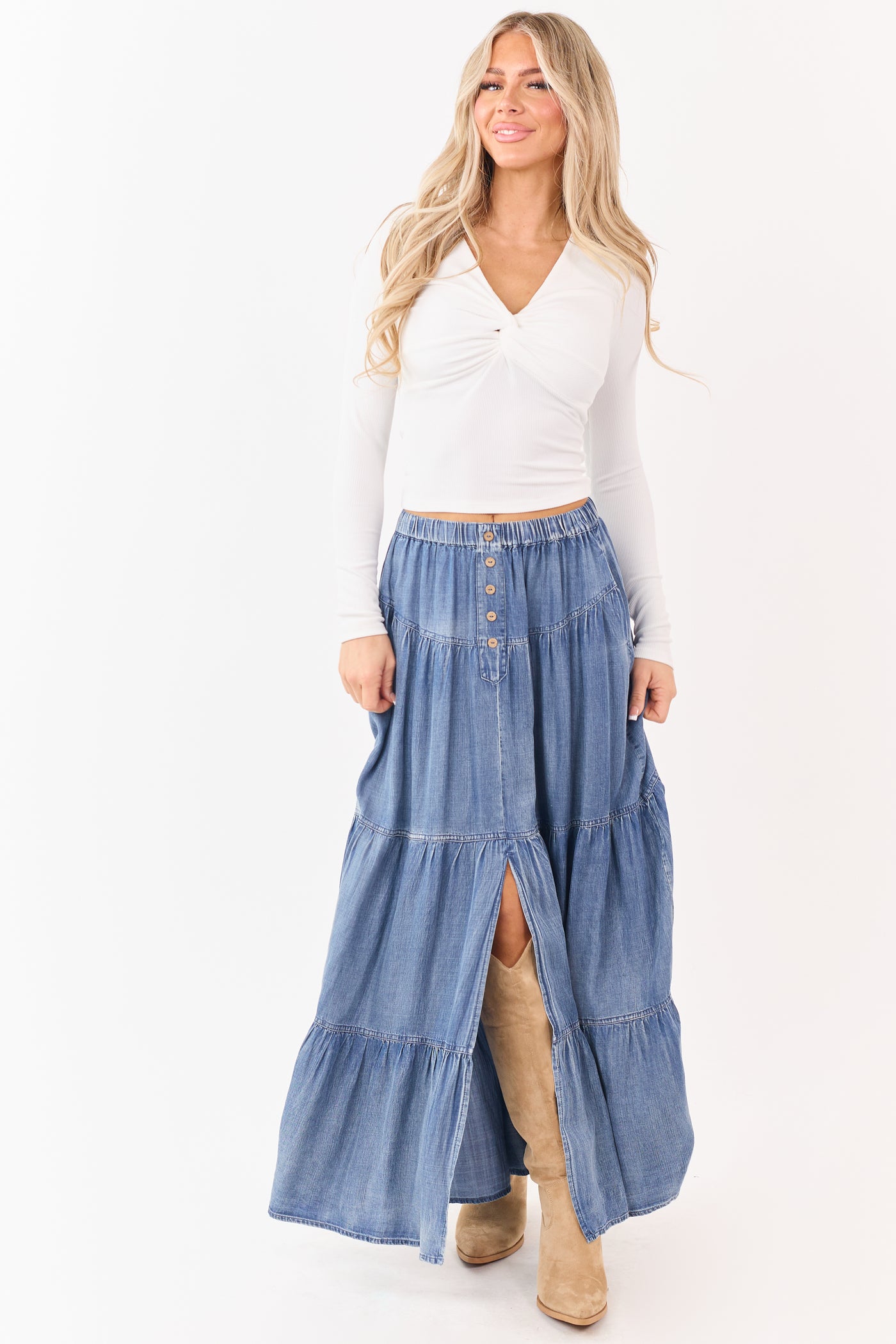 Medium Wash Chambray Denim Tiered Maxi Skirt