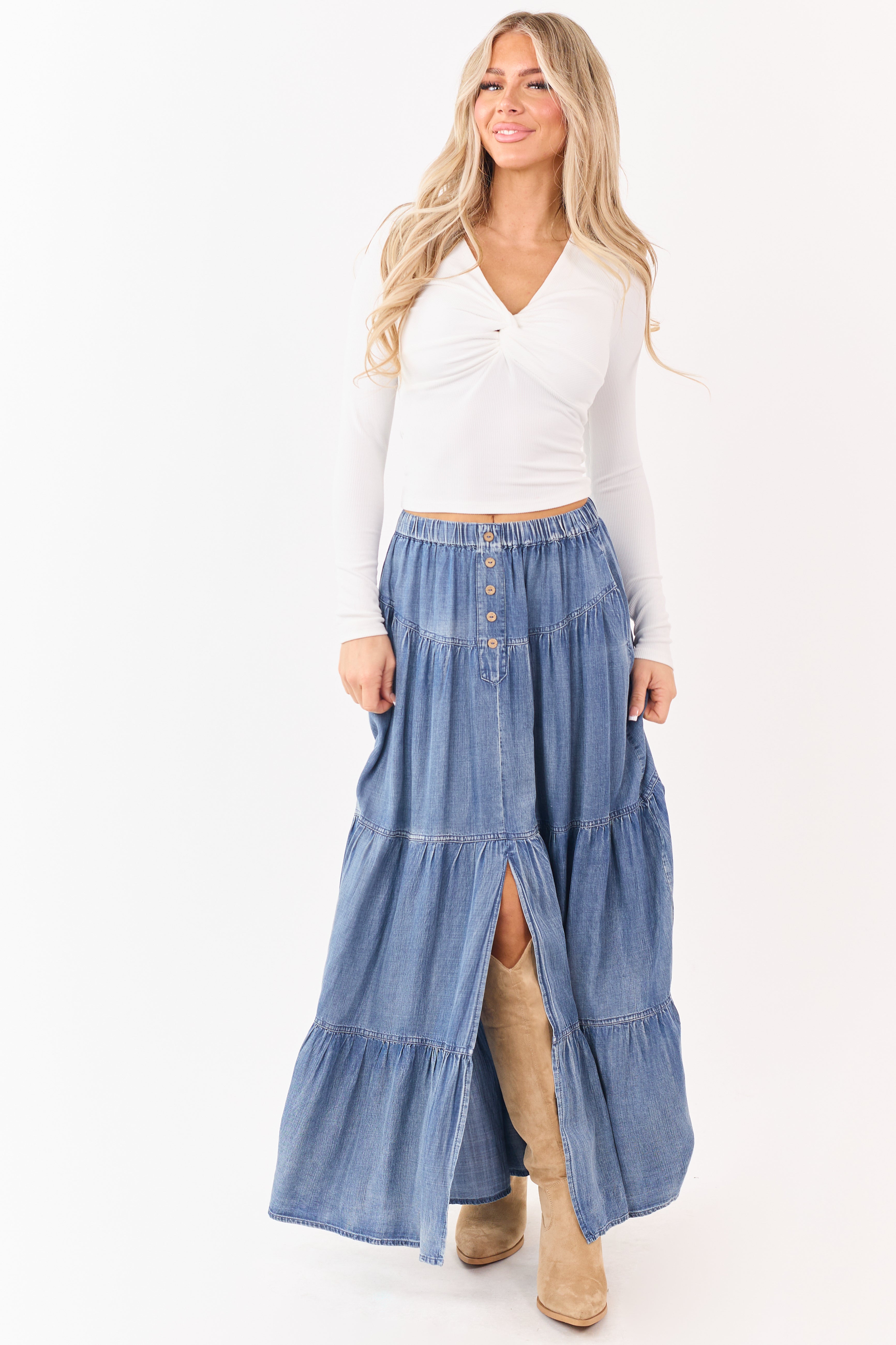 Medium Wash Chambray Denim Tiered Maxi Skirt